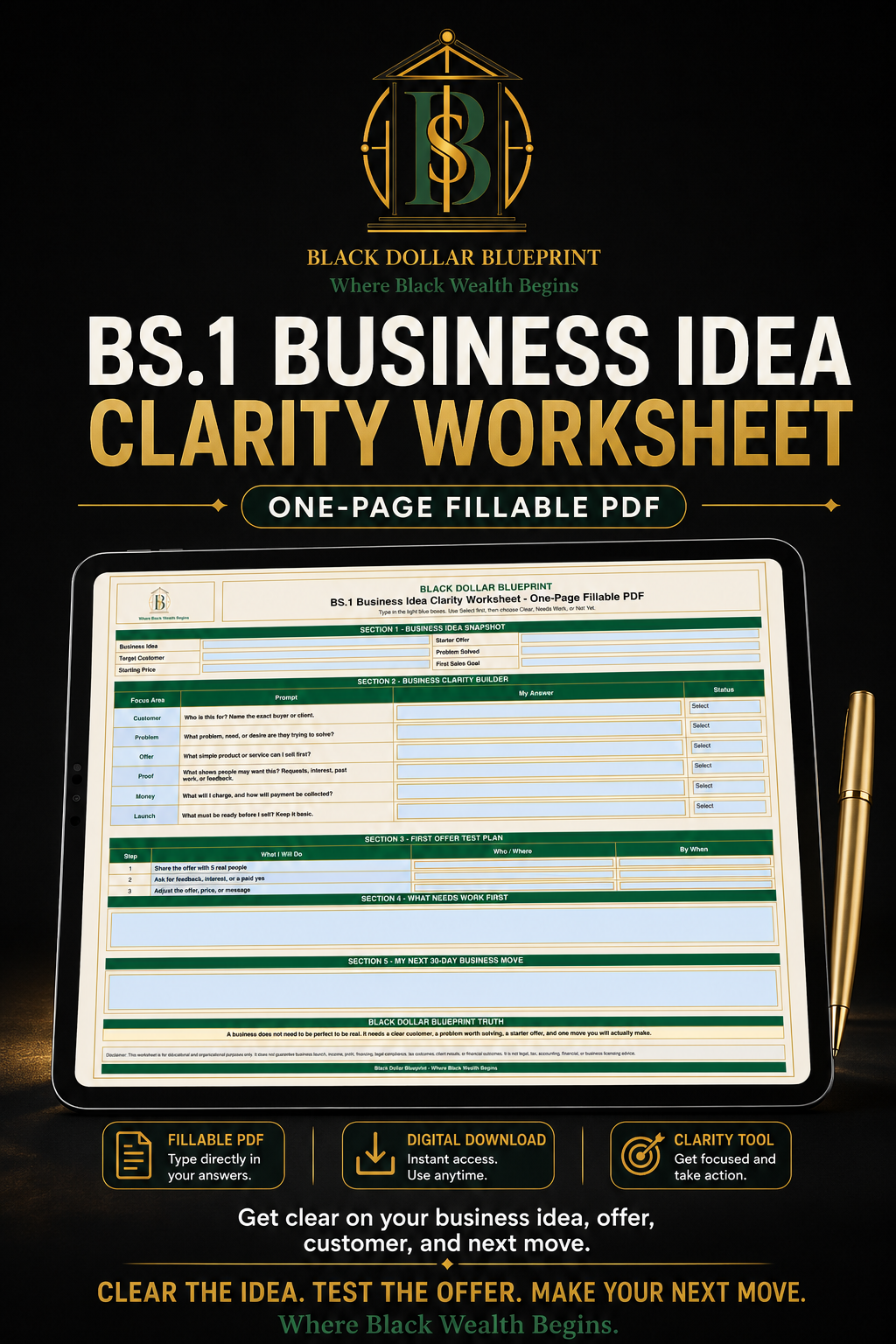 BS.1 Business Idea Clarity Worksheet — One-Page Fillable PDF 2