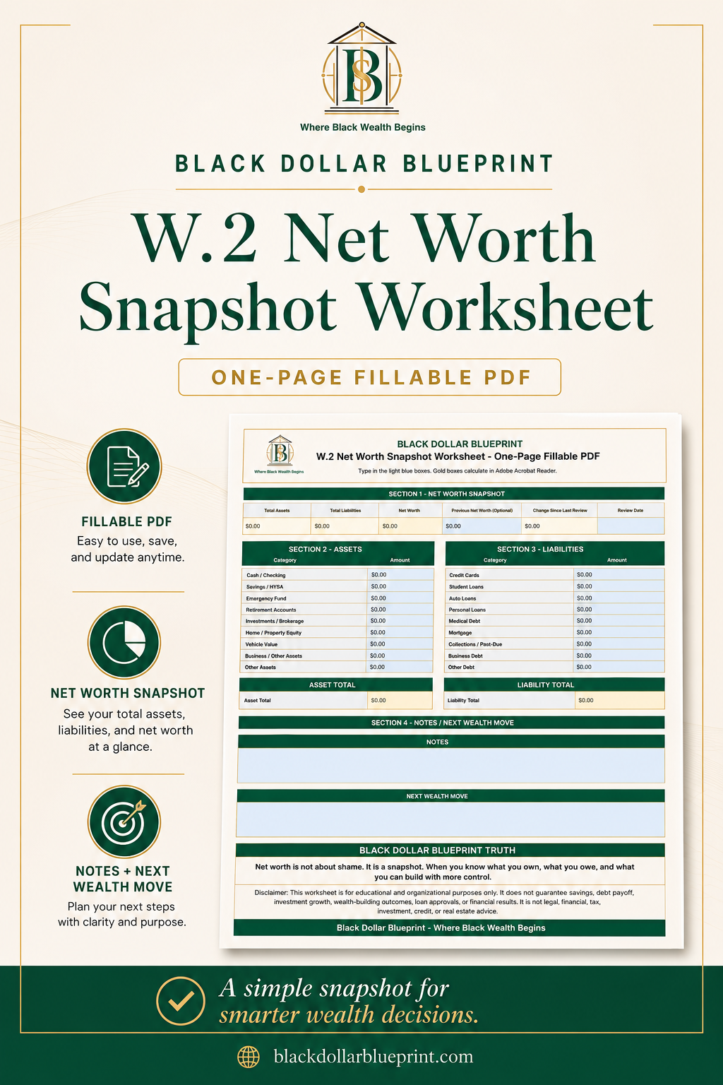 W.2 Net Worth Snapshot Worksheet — One-Page Fillable PDF