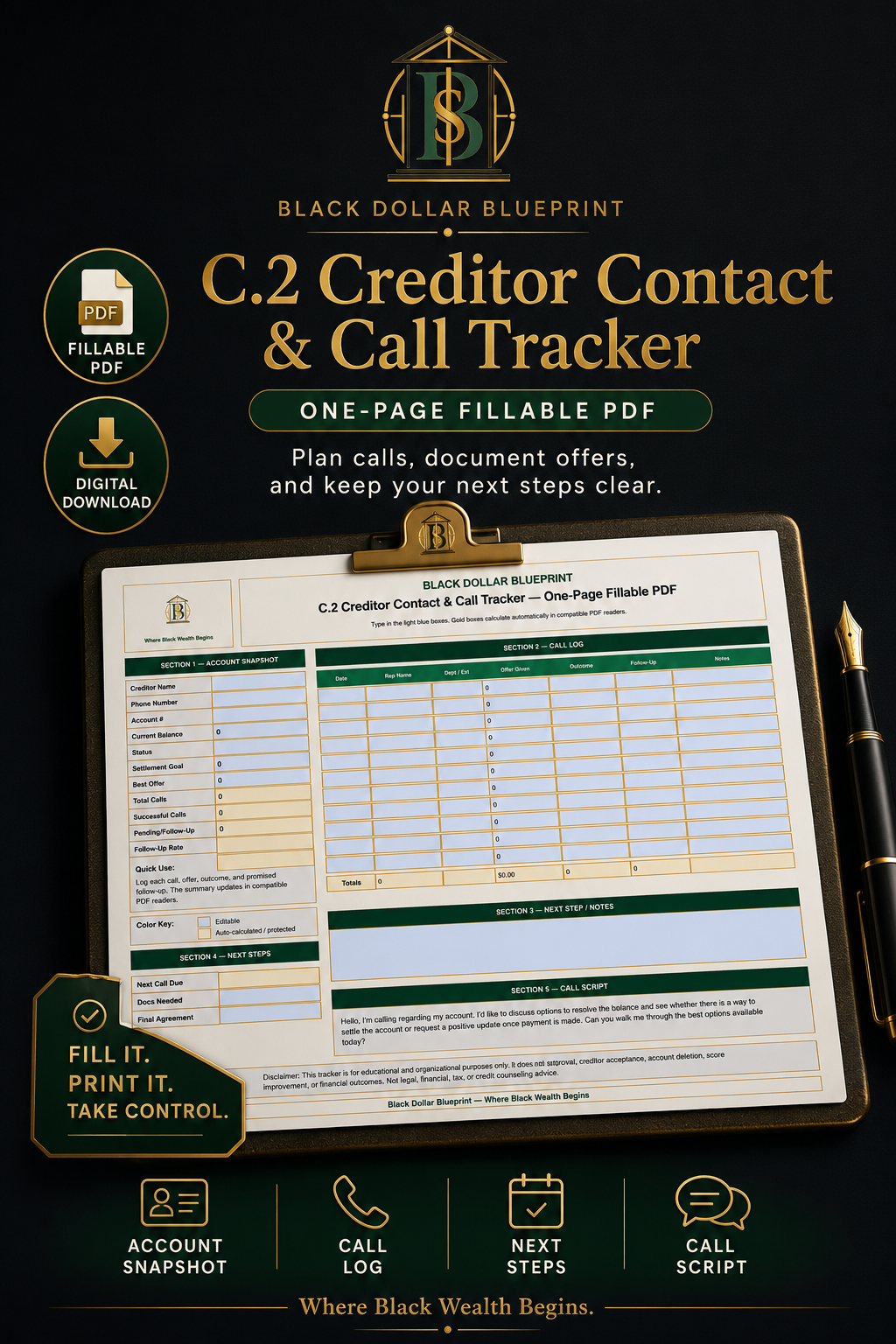 C.2 Creditor Contact & Call Tracker — Fillable PDF Worksheet