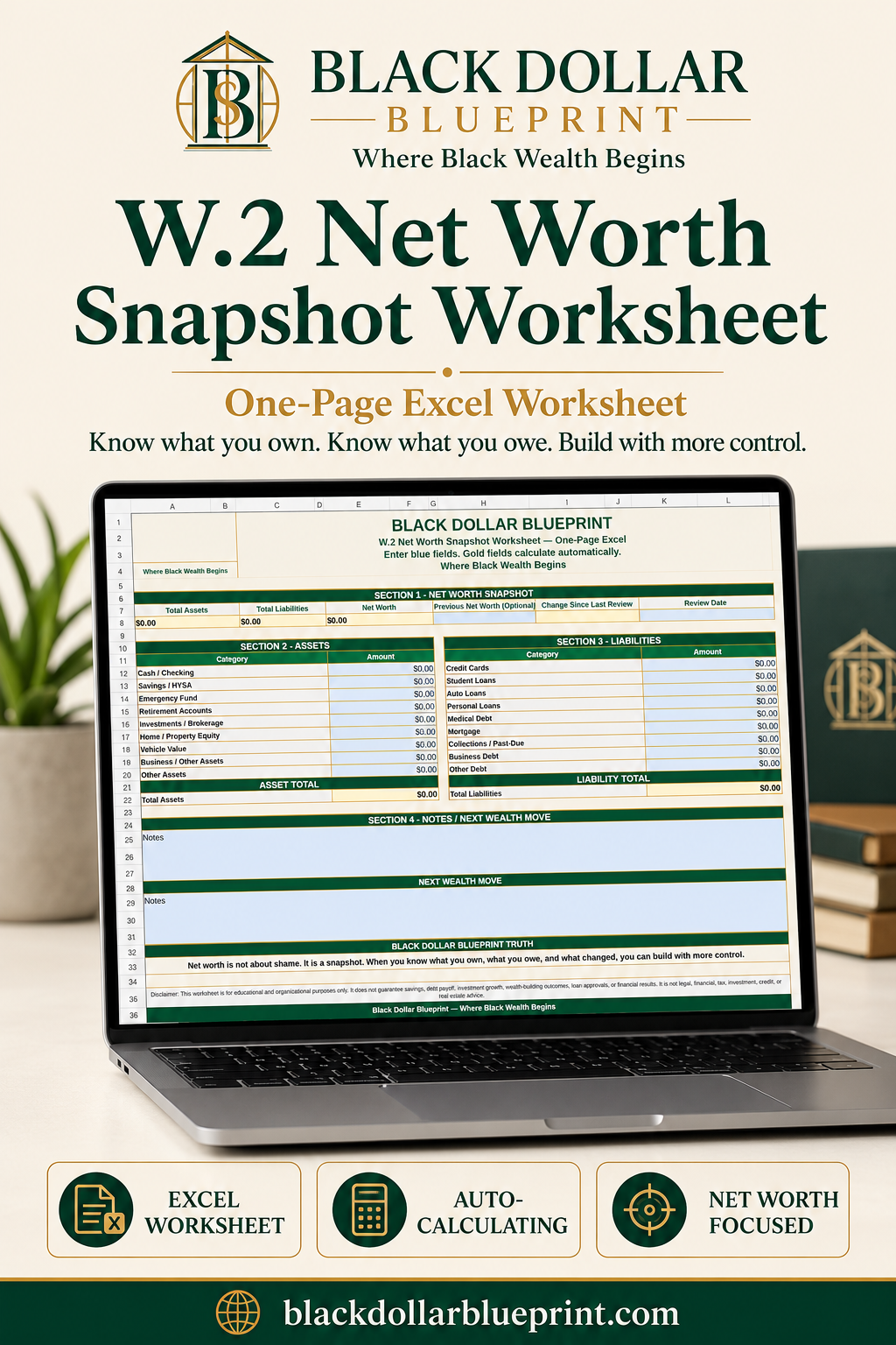 W.2 Net Worth Snapshot Worksheet — One-Page Excel Worksheet