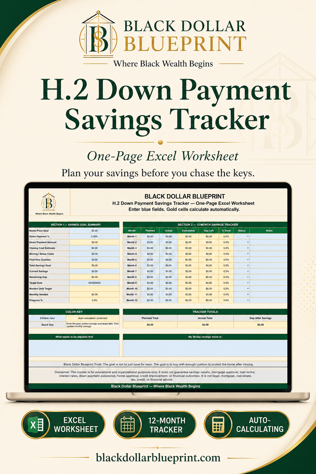 H.2 Down Payment Savings Tracker — One-Page Excel Worksheet