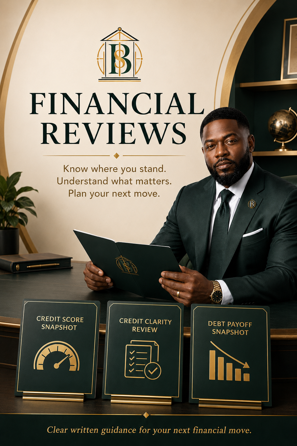 A man in a dark green suit sitting at a desk with a folder, in front of a sign that reads 'Financial Reviews' with a logo at the top. The sign has additional text: 'Know where you stand. Understand what matters. Plan your next move.' There are three signs on the desk with icons and text: 'Credit Score Snapshot,' 'Credit Clarity Review,' and 'Debt Payoff Snapshot.'