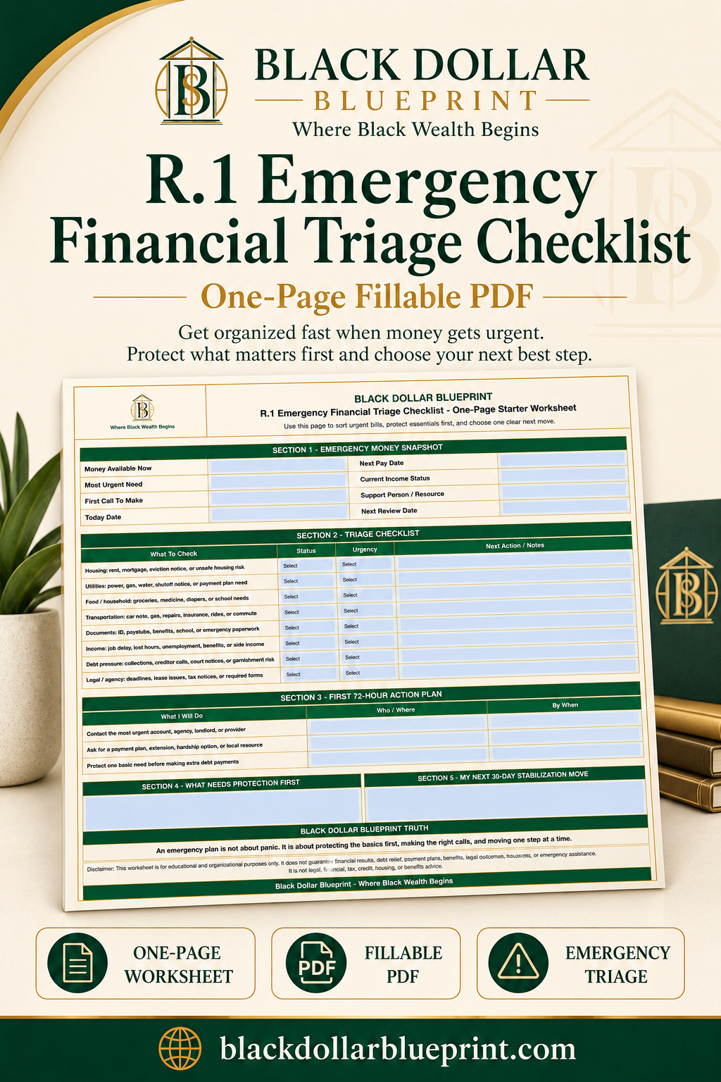 R.1 Emergency Financial Triage Checklist — One-Page Fillable PDF