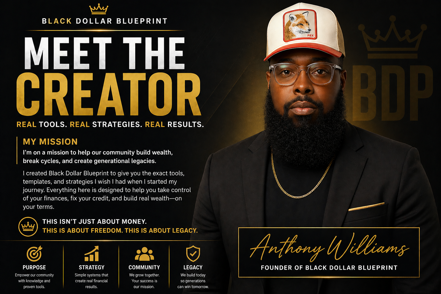 Promotional digital graphic for Black Dollar Blueprint featuring Anthony Williams. The image displays his portrait, a man with glasses, a beard, wearing a white cap with a fox logo, a black suit, and gold jewelry. The text promotes his mission to help the community build wealth with real tools, strategies, and results. The graphic highlights themes of purpose, strategy, community, and legacy, with phrases emphasizing freedom and legacy building.