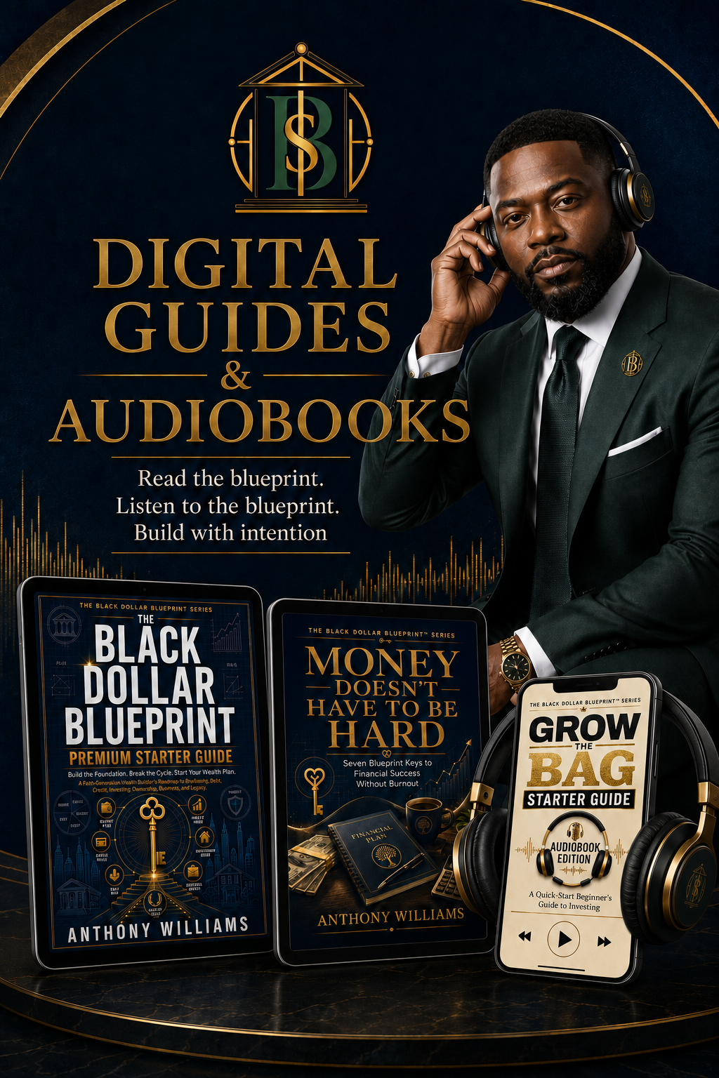Cover of a book titled "Digital Guides & Audiobooks" featuring three digital devices displaying finance guide titles and a man wearing a suit and headphones, promoting financial blueprint guides.