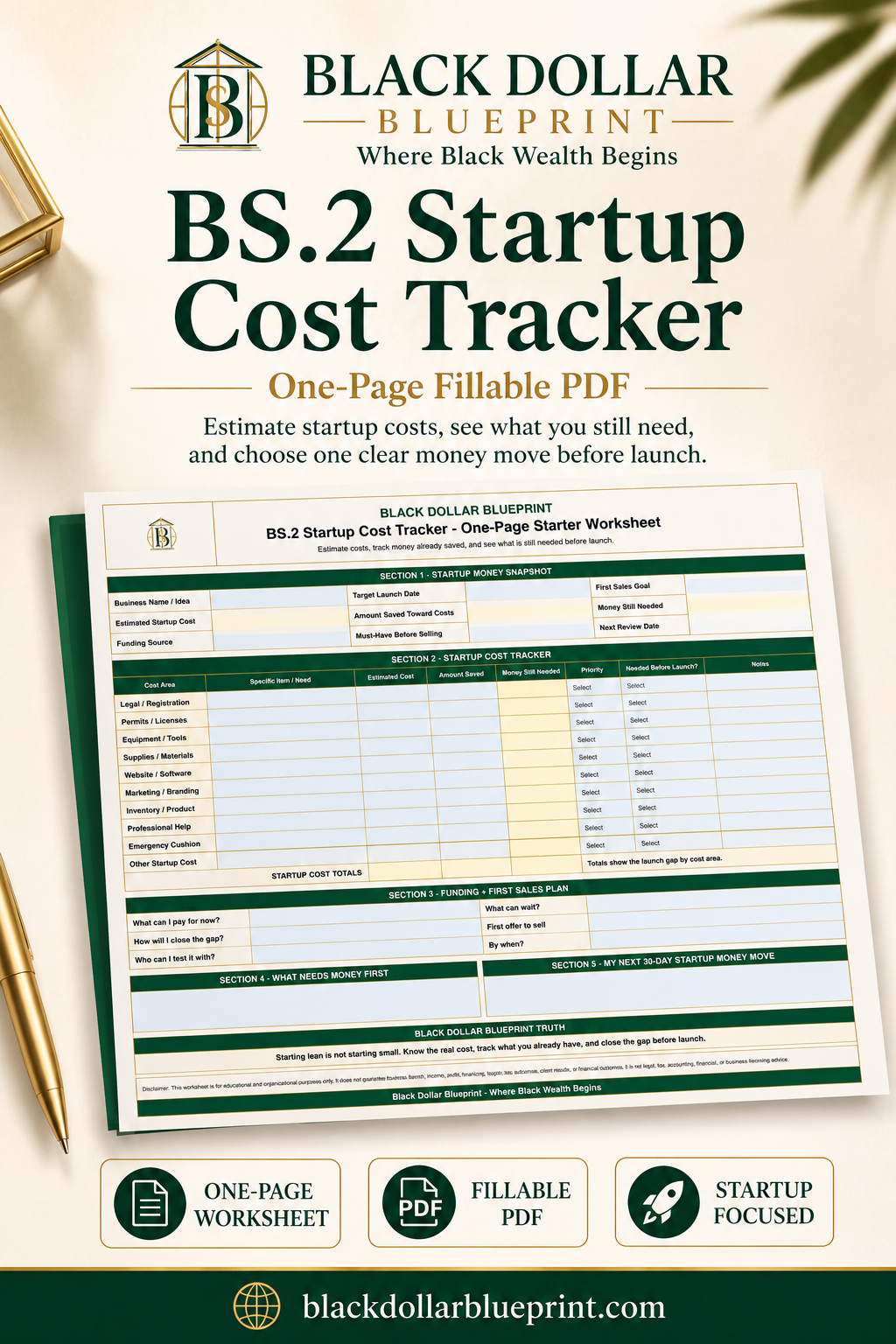 BS.2 Startup Cost Tracker — One-Page Fillable PDF