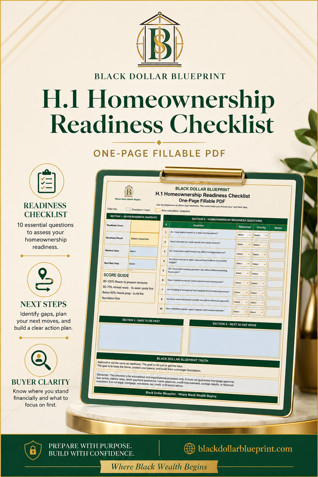 H.1 Homeownership Readiness Checklist — One-Page Fillable PDF