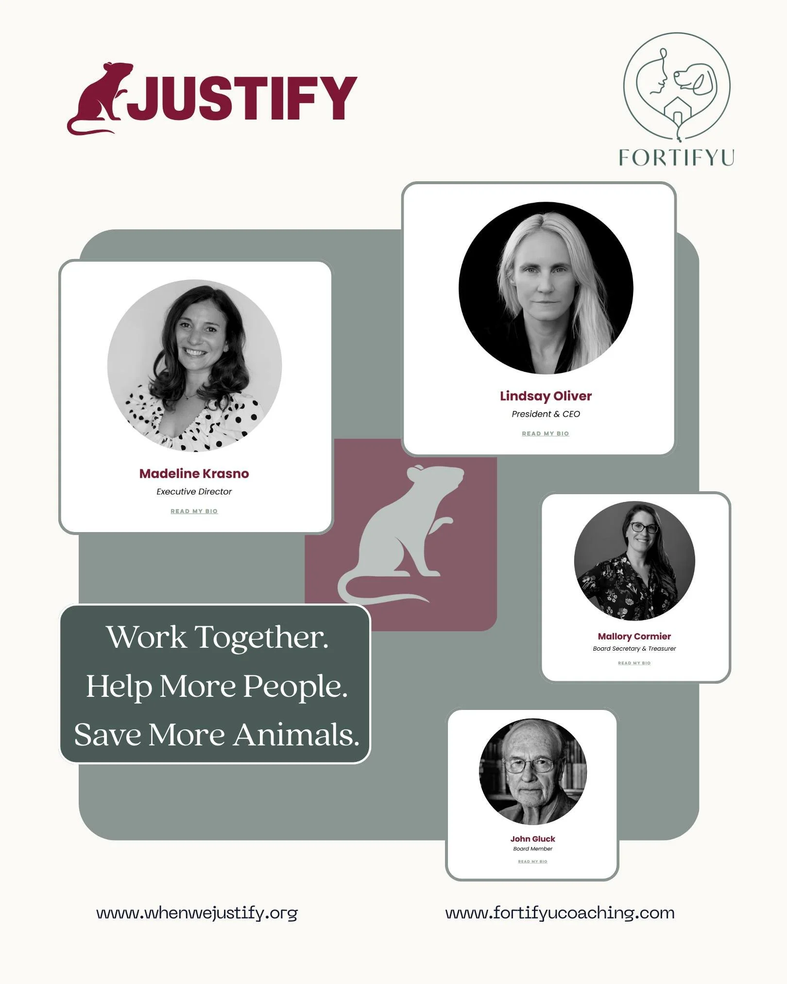 ANNOUNCEMENT TIME!

I'm honored to announce my partnership with Justify.

This POWERHOUSE organization is the first-of-its-kind, supporting individuals in academic programs and careers involving animal research. The psychological toll of that work is