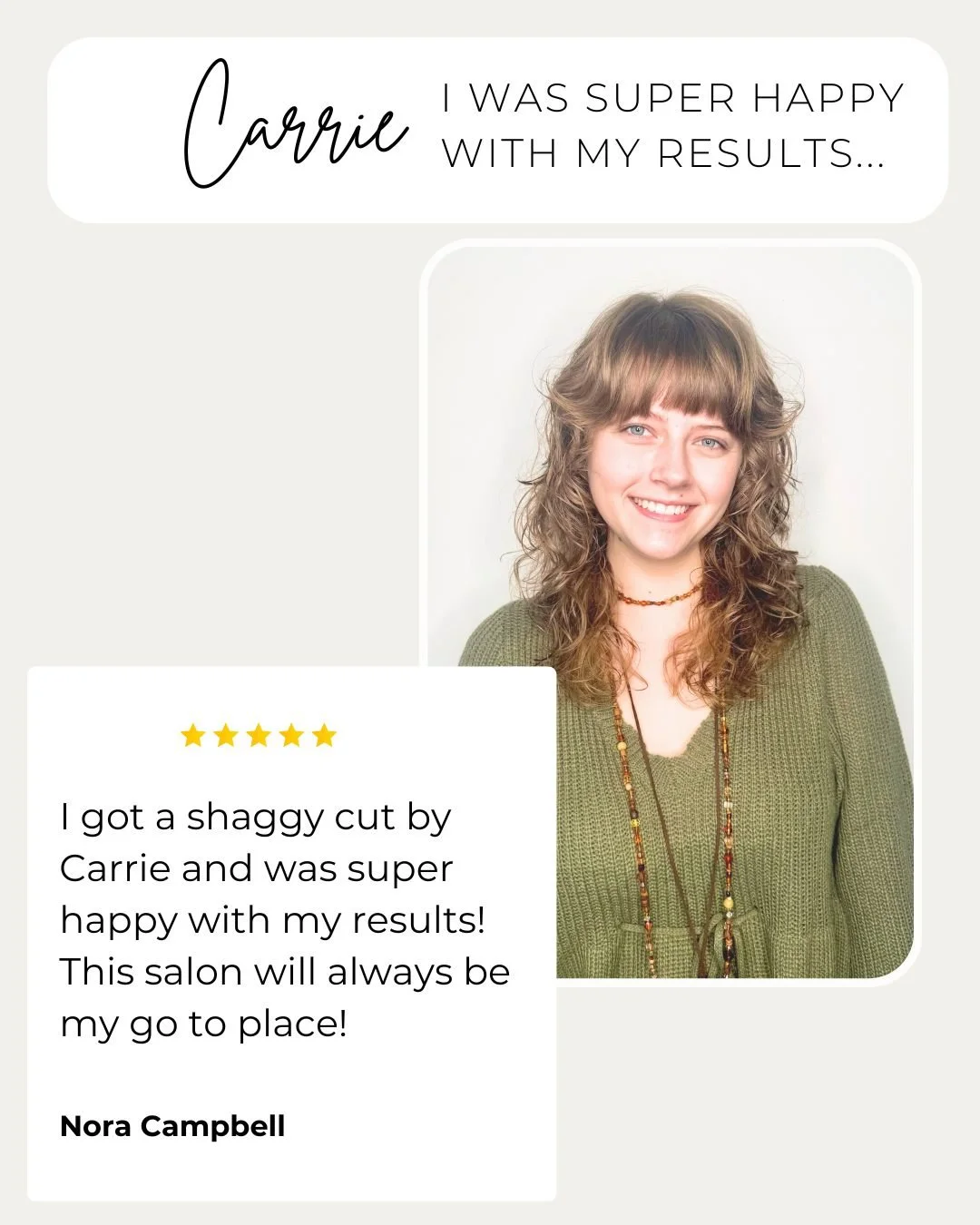 It's always so flattering to receive a kind review 💛 and @hairbycarriegouvion deserves all the love! If you've been thinking about a change maybe this is your sign to contact Carrie for a hair appointment! You can book with Carrie online through the