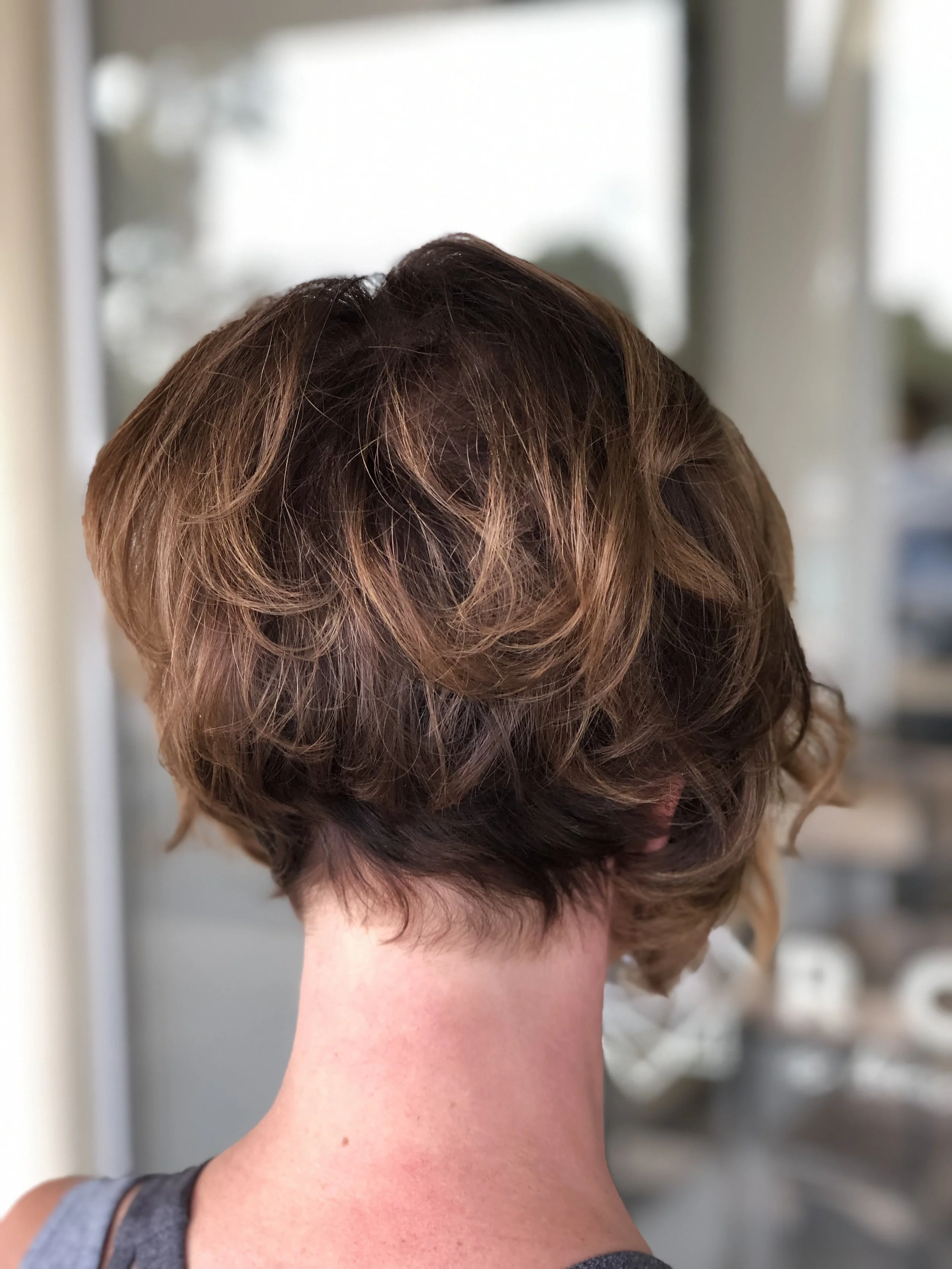 Back view of a person's short, wavy, brown hair, with a blurred indoor background.