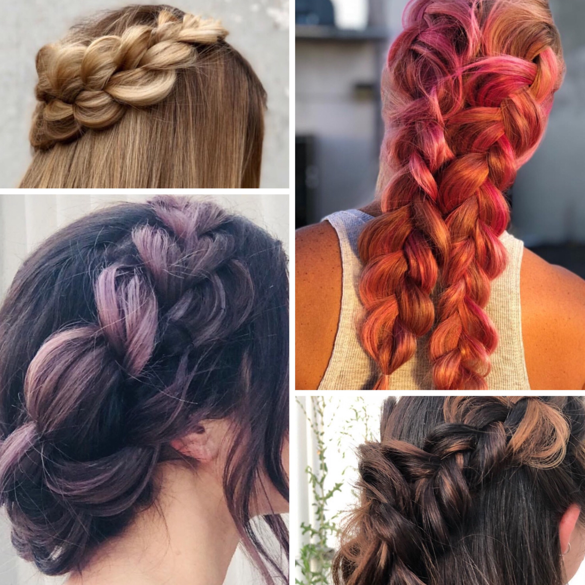 Collage of five hairstyles featuring braided hairdos in various colors and styles.