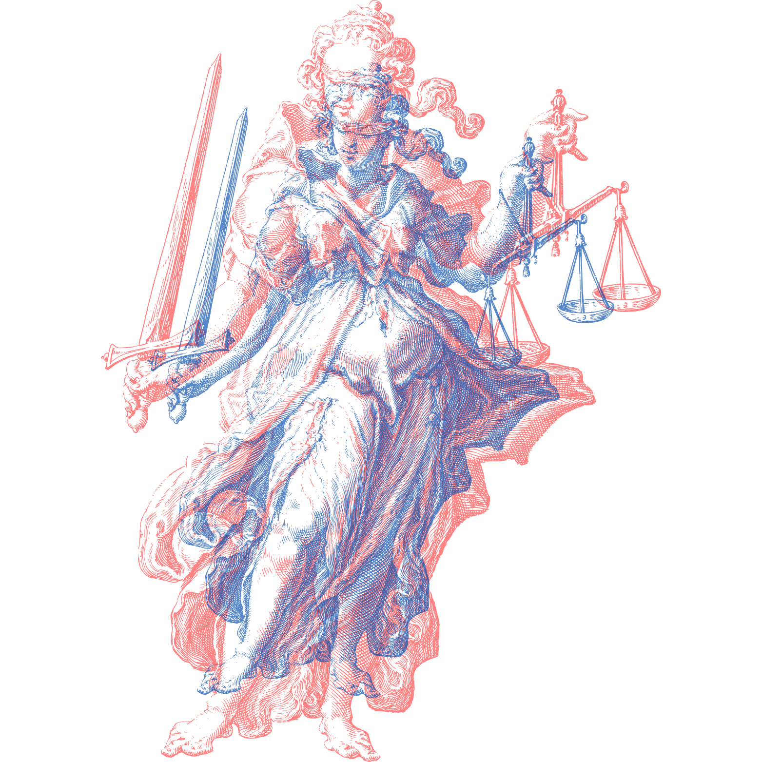 Une illustration stylisée de la justice avec une femme tenant une balance et une épée, représentée en couleurs rouge et bleu sur fond noir.
