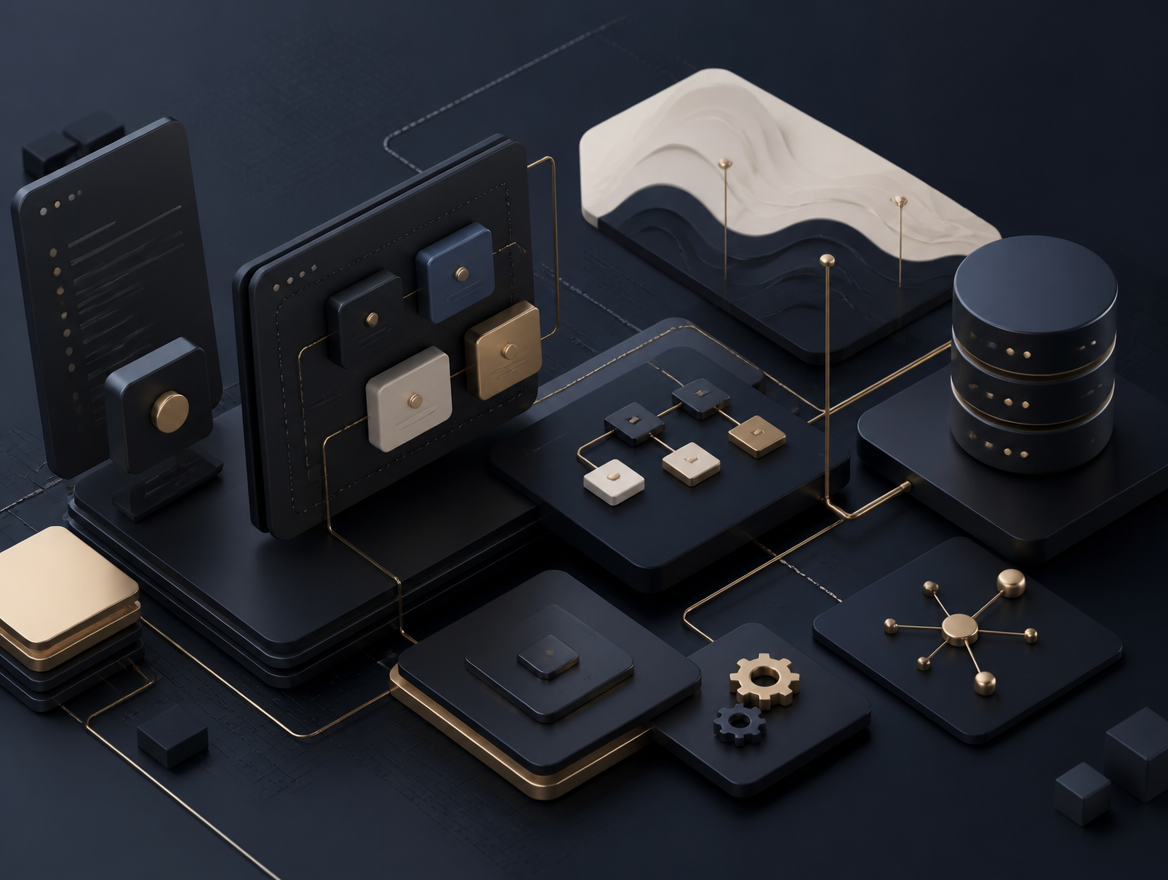 Custom software, workflow, and database components connected in one system