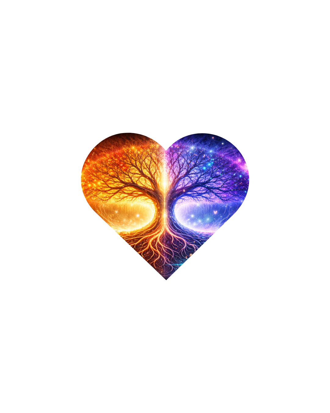 A heart-shaped tree with vibrant orange, purple, and blue colors, representing the connection between the left and right brain hemispheres.