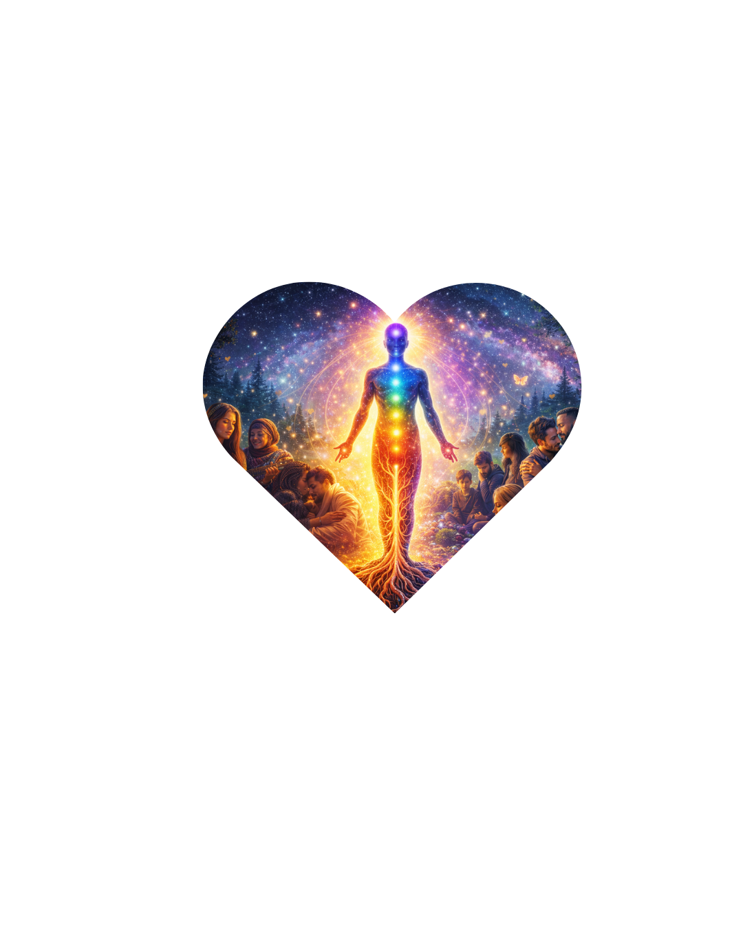 A digital illustration of a human figure surrounded by cosmic and natural elements, with a rainbow-colored aura, active energy, and people in various contemplative poses.