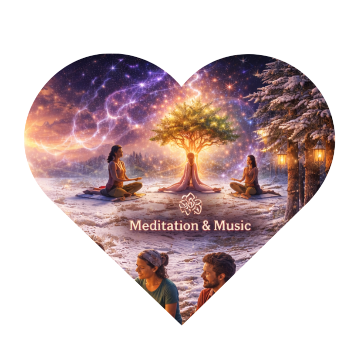 People practicing meditation outdoors in a snowy landscape under a starry sky with lightning, a tree glowing with light, and a couple sitting in the foreground. Text reads 'Meditation & Music'.