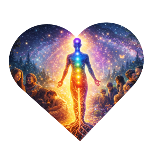 A glowing, multicolored human figure with chakras and roots, surrounded by children in nature, with a cosmic background of stars and a butterfly.
