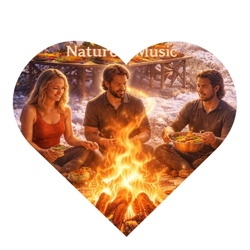 People sitting around a campfire outdoors, eating food, with a background of trees and a wooden structure, inside a heart shape with words 'Nature' and 'Music' at the top.