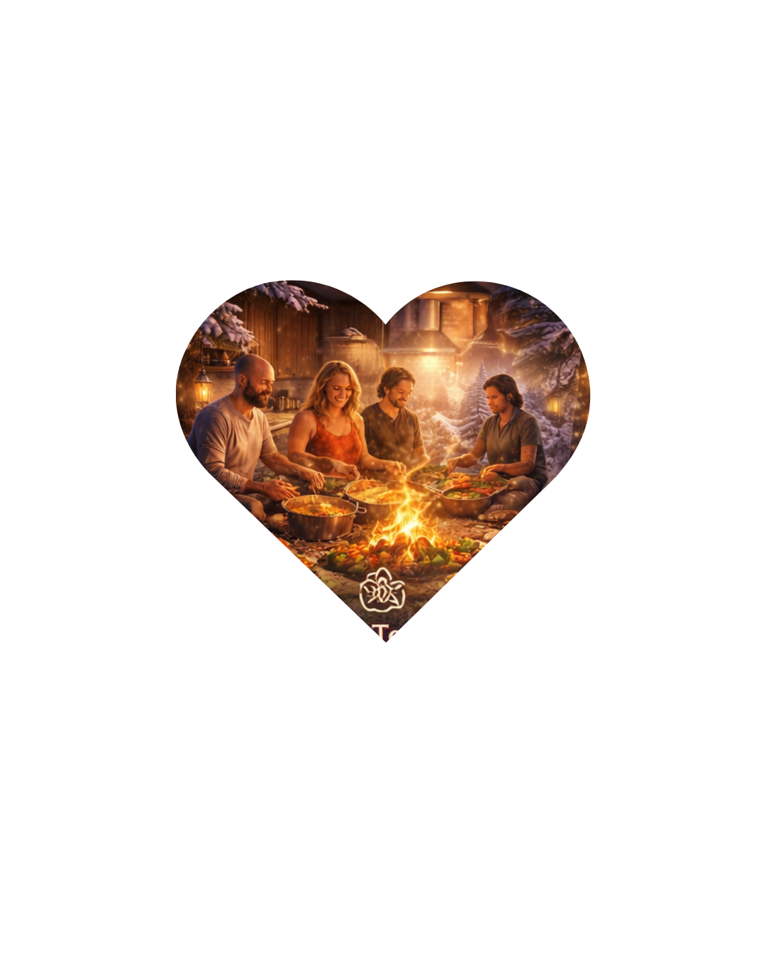 Four people enjoying a meal together around an outdoor fire in a snowy, rustic winter setting.