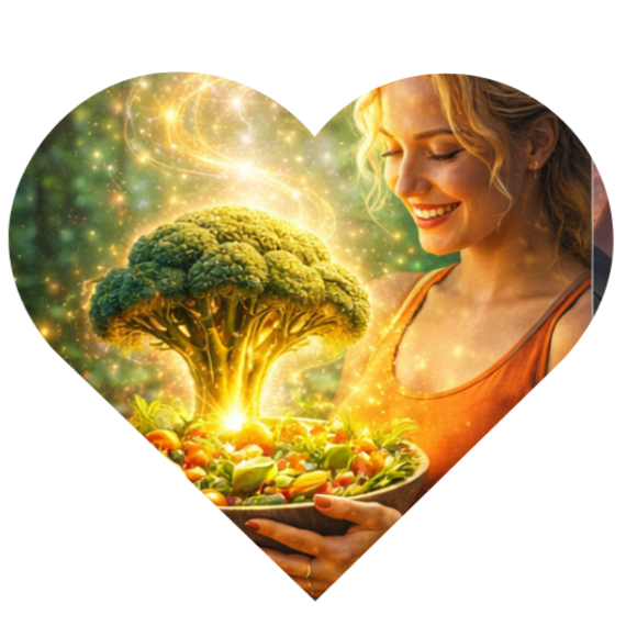 A woman smiling while holding a bowl of salad with a glowing broccoli tree in a heart-shaped frame.