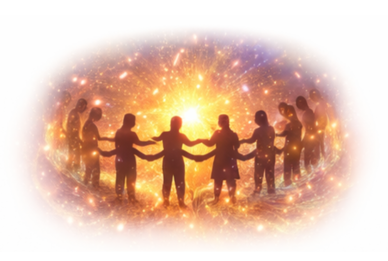 Silhouettes of people holding hands in a circle surrounded by glowing, sparkly lights and a bright explosion of light at the center, symbolizing unity and connection.