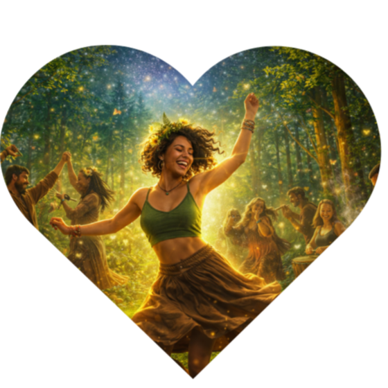 A woman dancing in a forest during daylight with other women in the background, surrounded by sunlight and glowing particles.