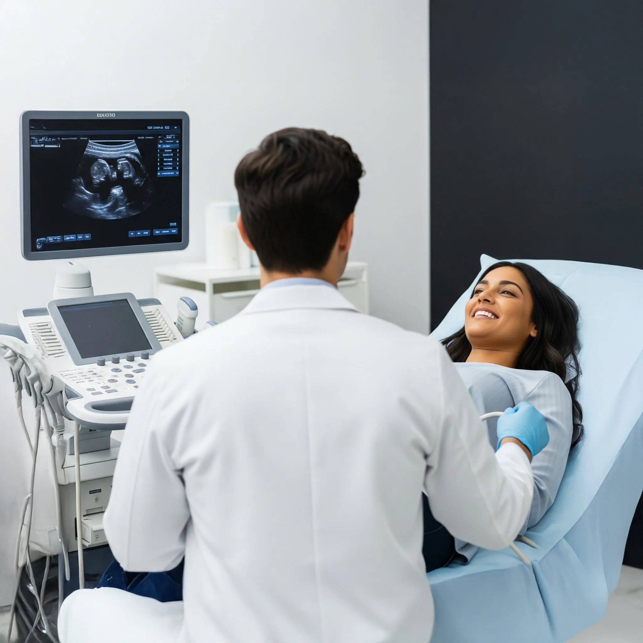 A woman lying on a hospital bed during an ultrasound examination, with a healthcare professional operating the ultrasound machine and looking at the screen.