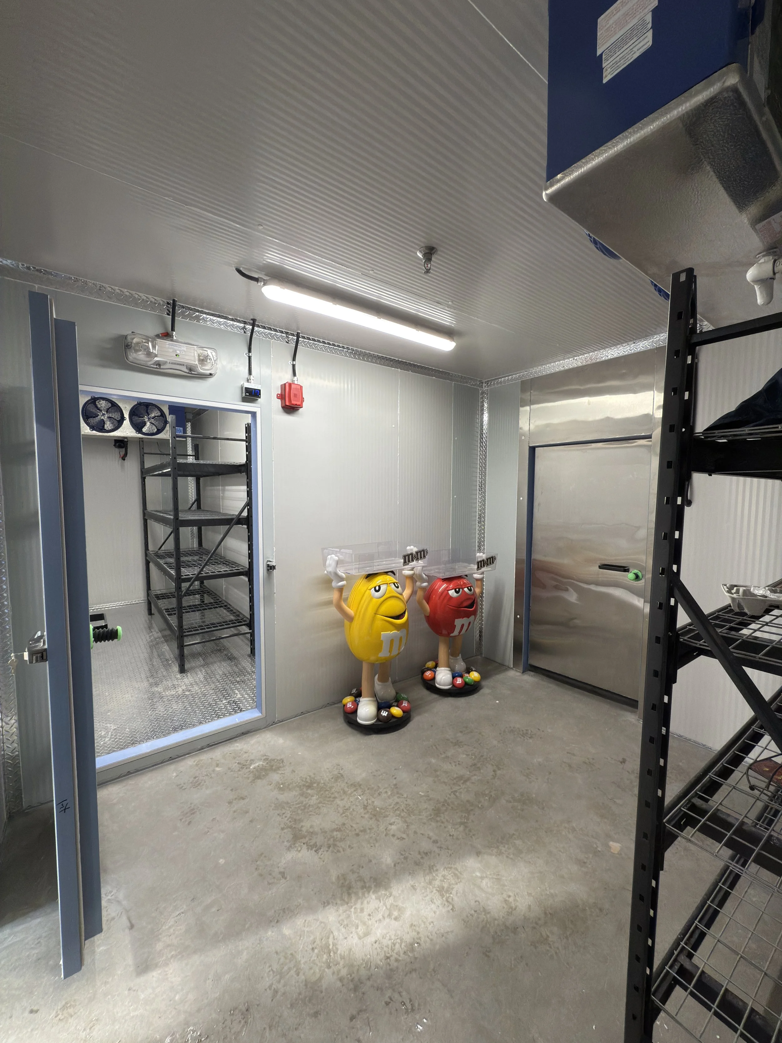 A storage room with metal shelves, a door to a small enclosed space, and two colorful M&M's character statues holding a clear box. The room has a gray concrete floor, a fluorescent ceiling light, and metal walls.