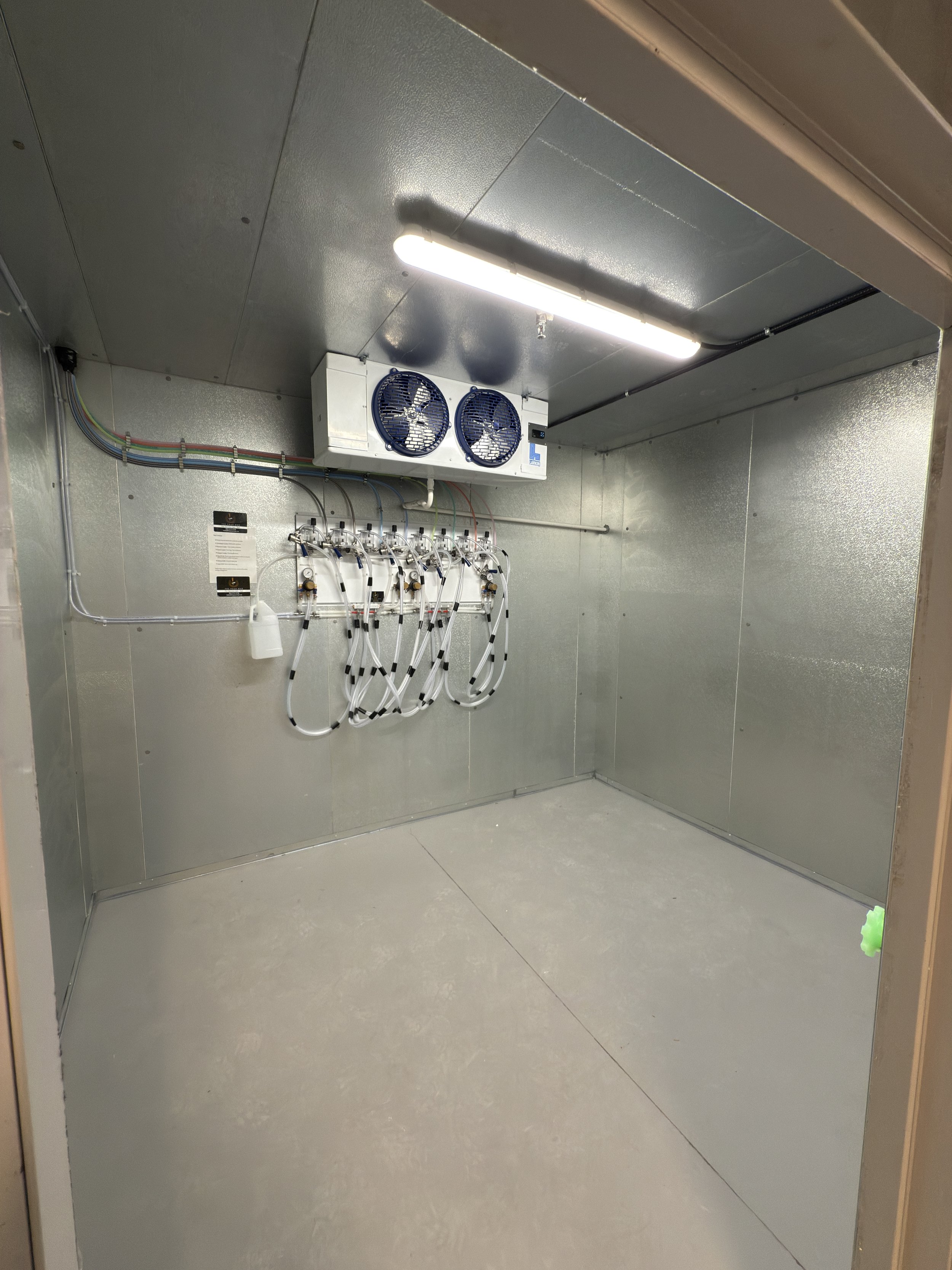Empty cold storage room with cooling unit and tubing on the back wall.