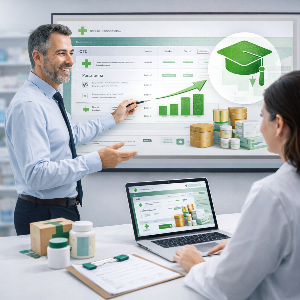 Dos farmacéuticos en una reunión, uno de ellos señala un gráfico de crecimiento en una pantalla que muestra productos farmacéuticos y un icono de birrete de graduación.