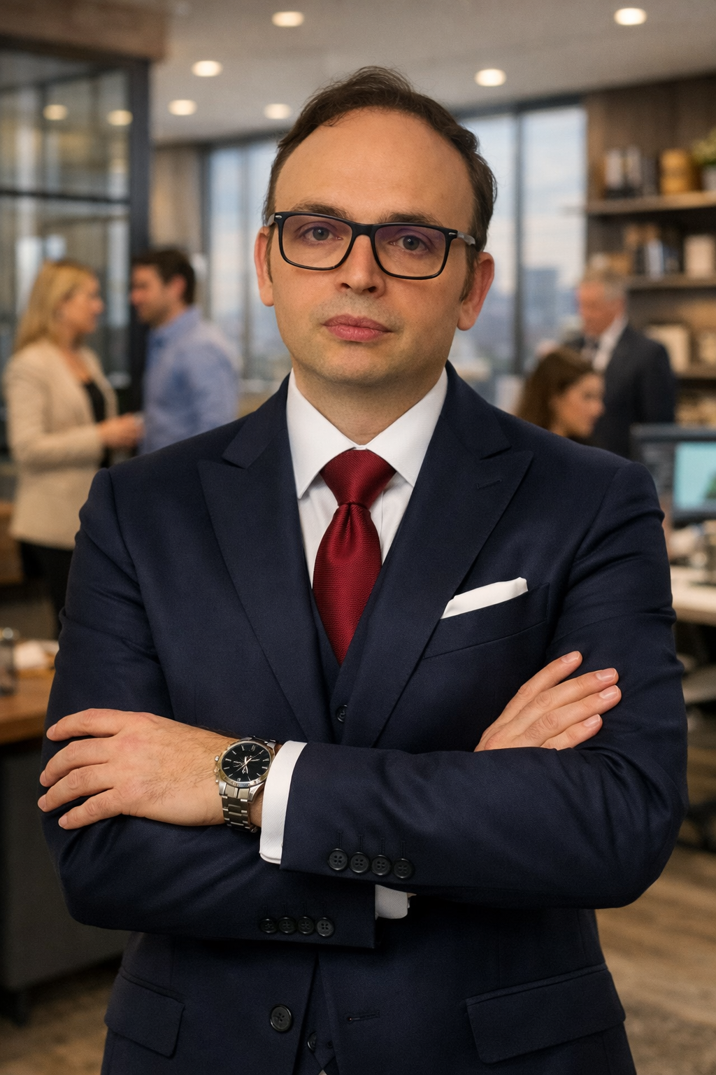 Hombre con gafas, camisa blanca, corbata roja y traje azul, en una oficina moderna, con otras personas trabajando y conversando en el fondo.