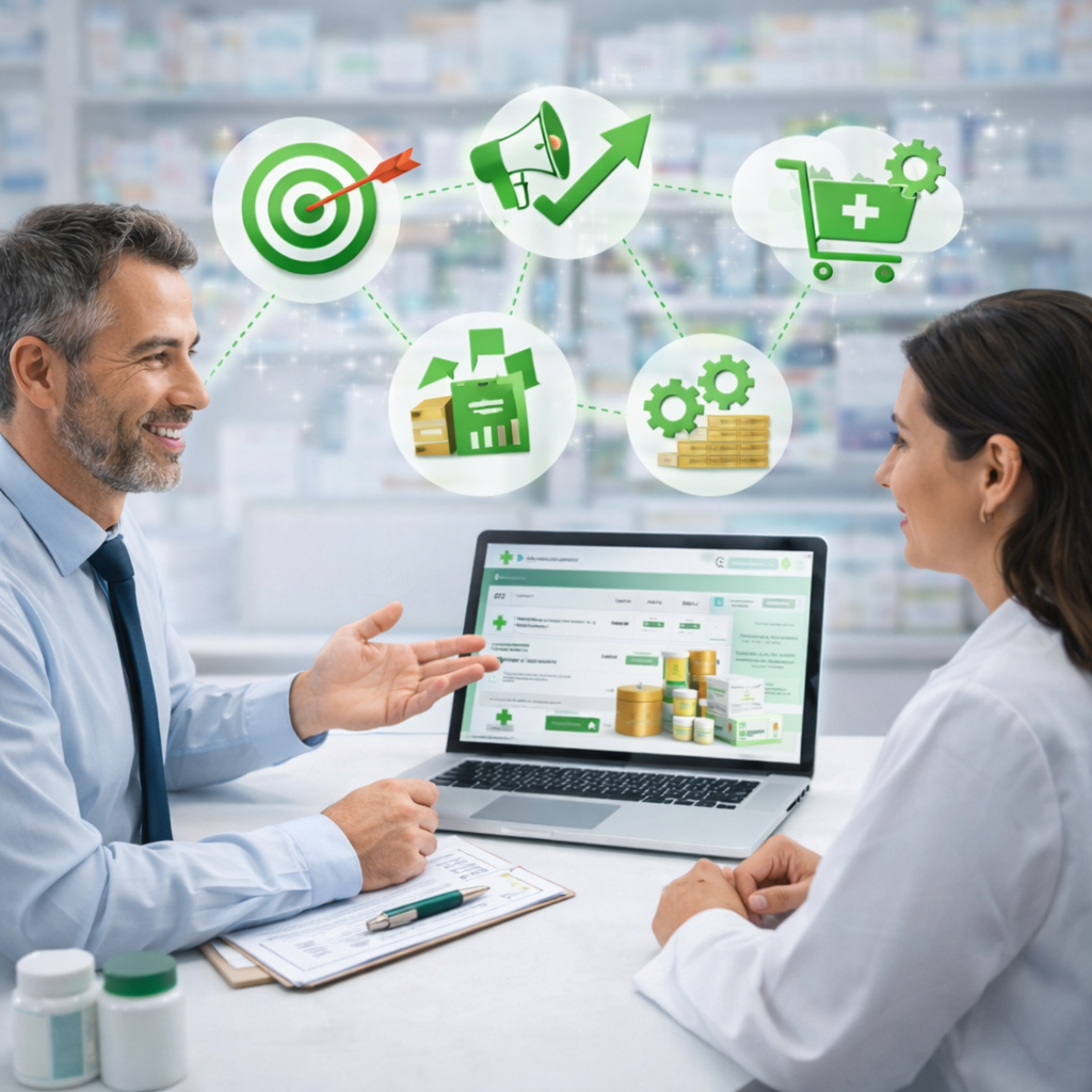 Dos profesionales en farmacia discuten sobre gestión de medicamentos y finanzas, con íconos relacionados en la pantalla y gráficos de dinero.