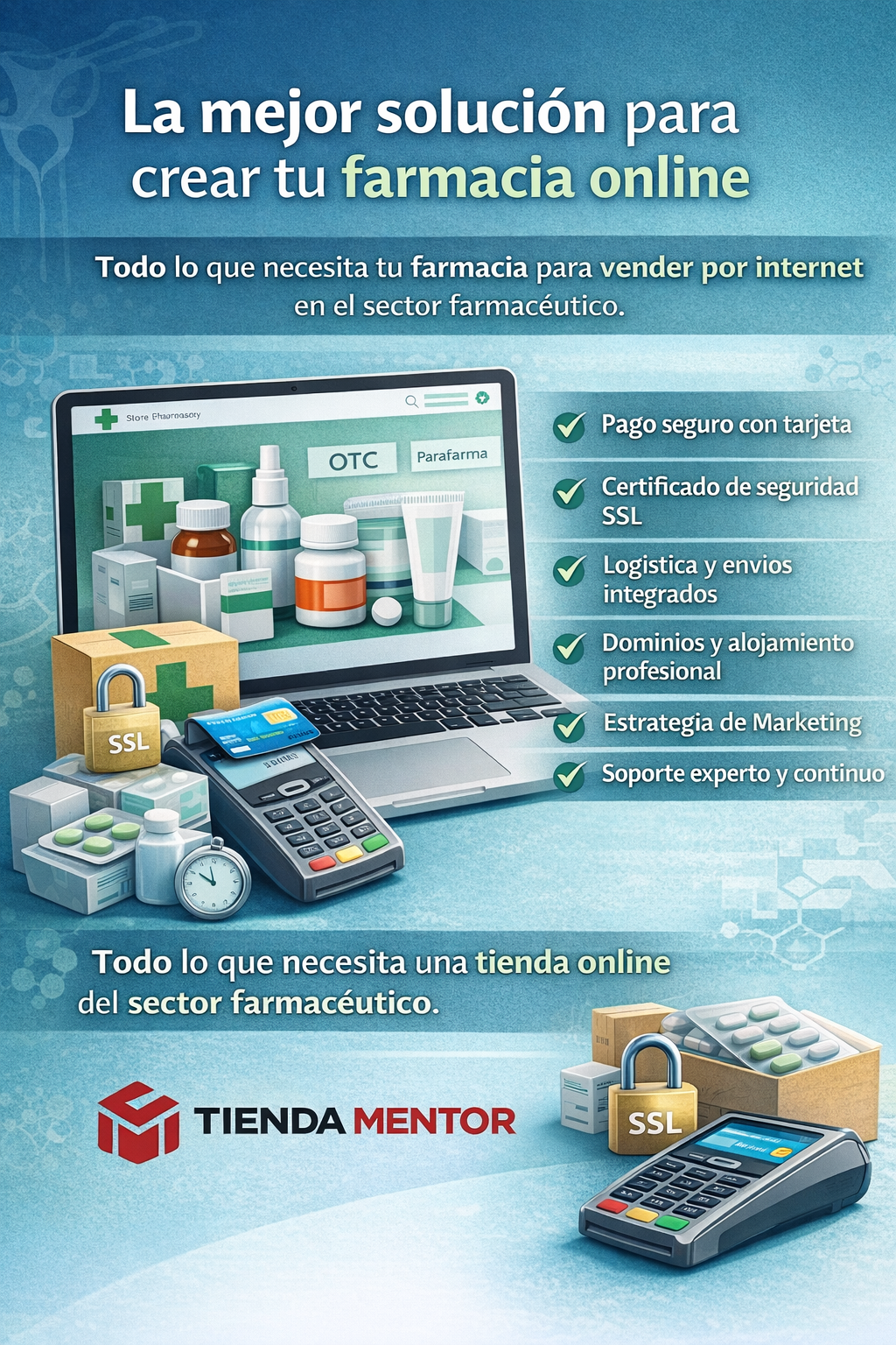 Publicidad de una plataforma para crear farmacias online en el sector farmacéutico, mostrando un computador, medicamentos, una terminal de pago y cárdex, con listas de ventajas y el logo de Tienda Mentor.