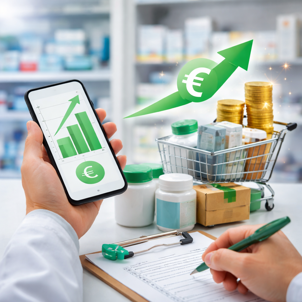 Escaneo de un gráfico de crecimiento en un teléfono móvil, dinero en monedas y productos farmacéuticos en una farmacia, con un símbolo de euro y una flecha ascendente.