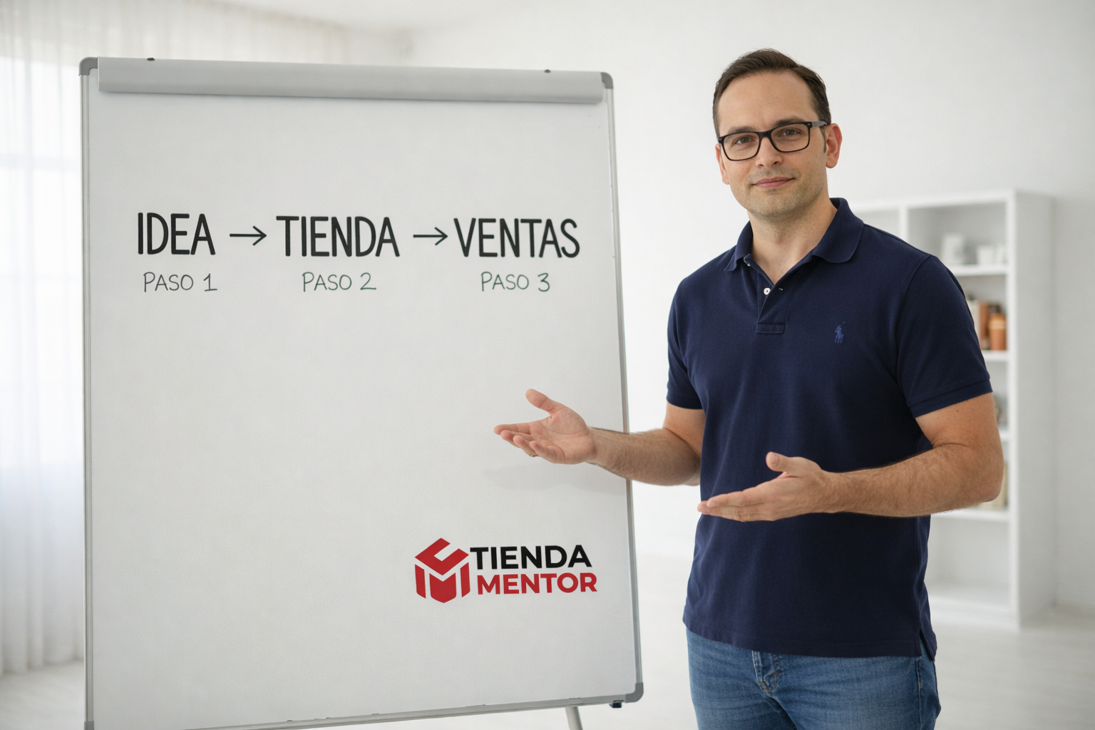 Hombre de cabello castaño, usando gafas y camiseta azul, explica un proceso en una pizarra blanca que tiene los pasos: Idea, Tienda, Ventas, con las etapas Paso 1, Paso 2, Paso 3, y el logotipo de Tienda Mentor en la parte inferior.