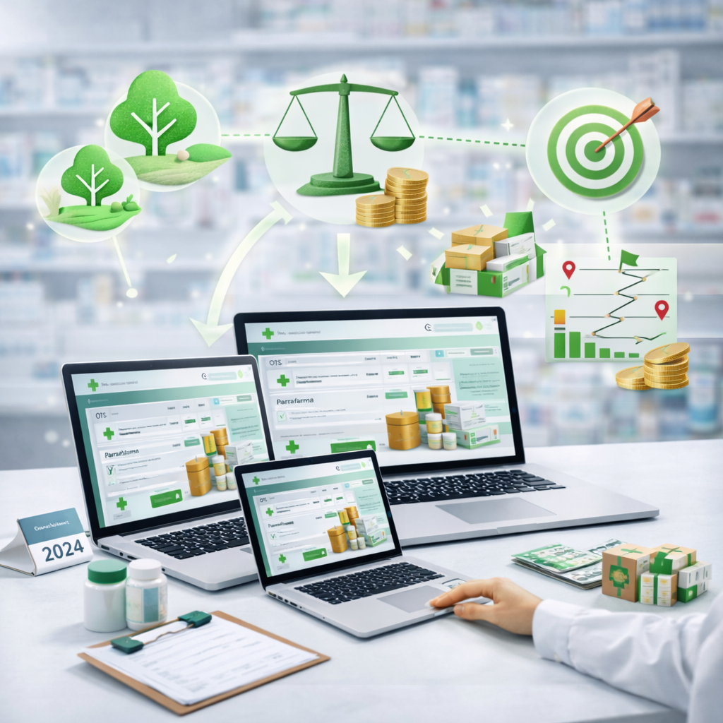 Pantallas de computadoras mostrando un sistema de gestión farmacéutica, con gráficos, monedas y cajas de medicamentos, en un entorno de oficina con medicinas y calendario 2024.