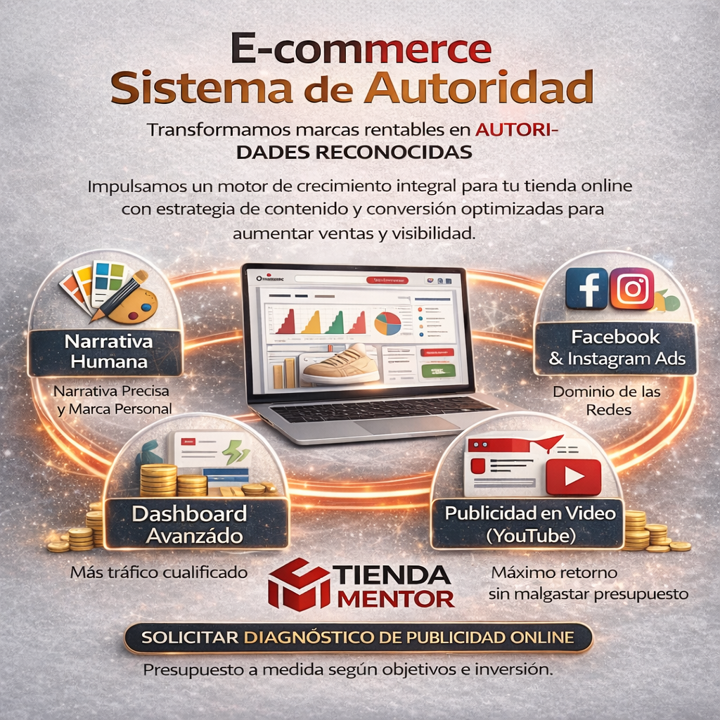 Imagen que muestra una estrategia de marketing digital para un sistema de autorización de e-commerce, con un portátil en el centro y varias secciones alrededor, incluyendo narrativa humana, publicidad en Facebook e Instagram, tablero avanzado y publicidad en video en YouTube, con el logo de Tienda Mentor y un botón para solicitar diagnóstico de publicidad online.