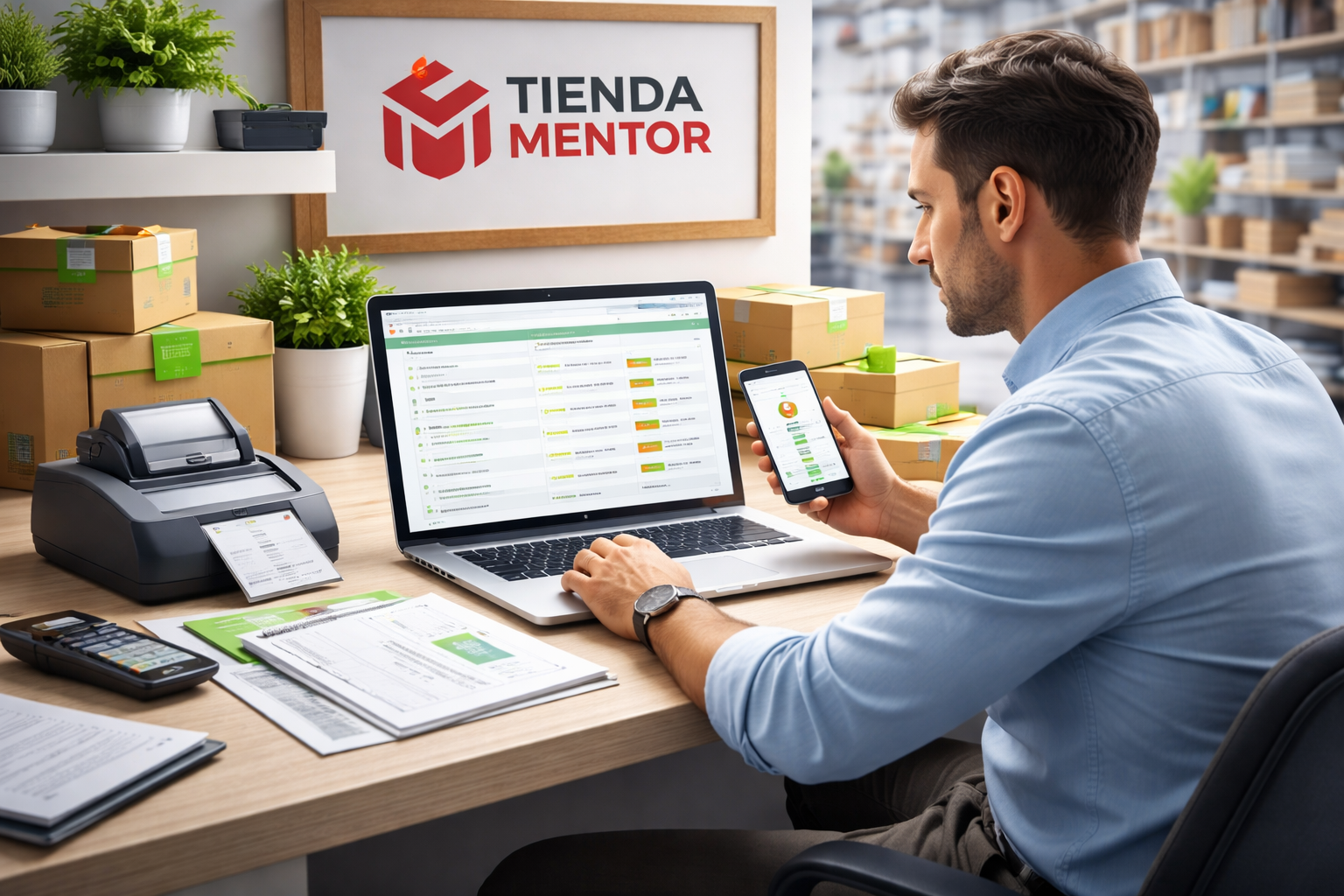 Hombre en oficina trabajando con computadora portátil y teléfono inteligente, con logotipo de 'Tienda Mentor' en la pared y cajas apiladas.