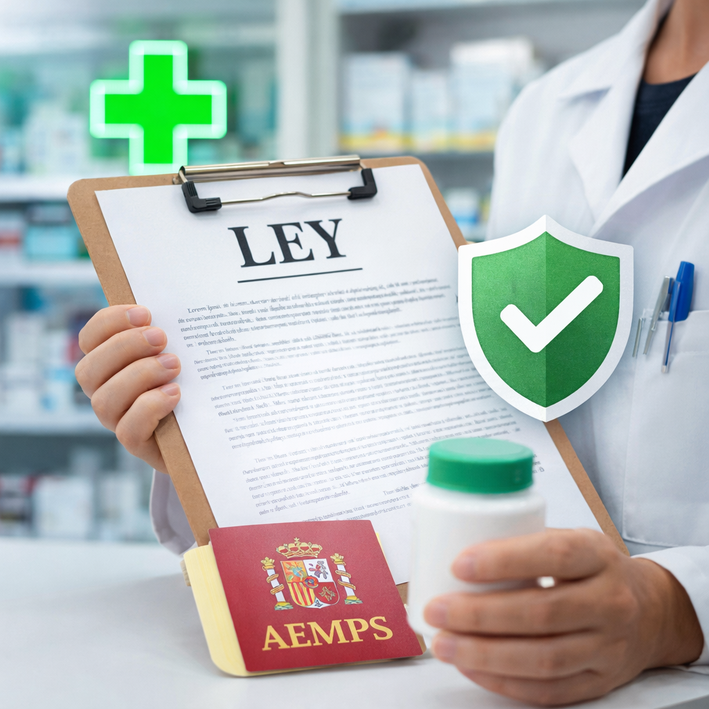 Un profesional de la salud sostiene una carpeta con un documento titulado 'LEY', en un entorno de farmacia. Hay un símbolo de cruz verde en la parte superior y un escudo de protección con marca de verificación. La persona también sostiene un frasco de medicamento. También hay un libro pequeño con la bandera de España y las letras 'AEMPS'.