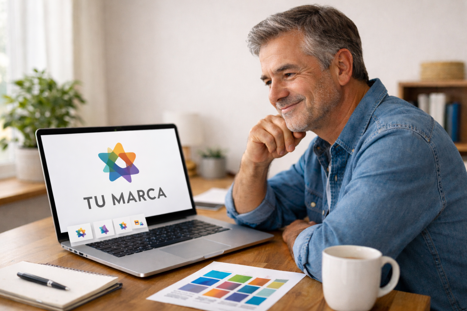 Hombre sonriente sentado en un escritorio junto a una computadora portátil, con un archivo de colores y una taza, mostrando el logo de una marca en la pantalla