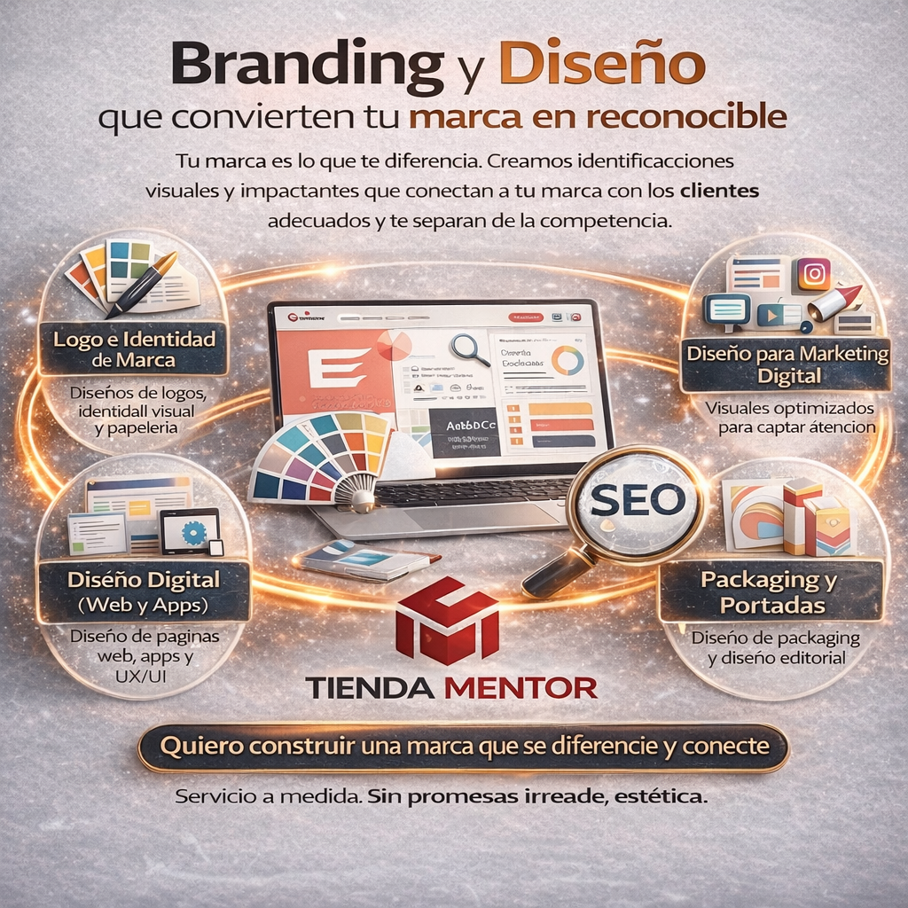 Infografía sobre branding y diseño que muestra diferentes servicios: diseño de logotipos, identidad visual y papelería, diseño para marketing digital, diseño digital para web y apps, packaging y portadas, con un enfoque en crear marcas reconocibles y conectarse con los clientes.