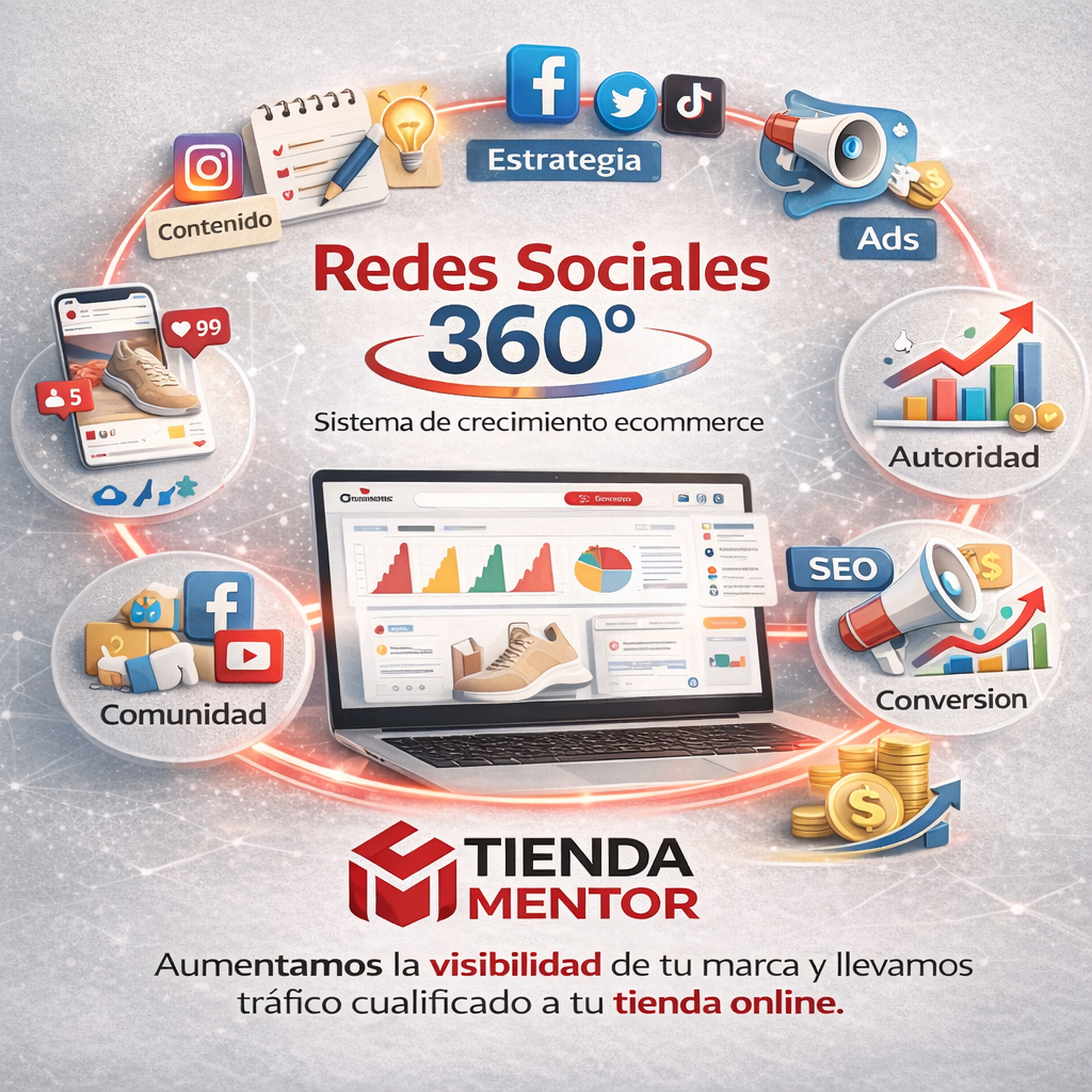 Gráfico y elementos visuales que representan estrategias de redes sociales para crecimiento en e-commerce, incluyendo contenido, autoridad, comunidad, conversión y publicidad, con un enfoque en aumentar la visibilidad y tráfico para tiendas online.