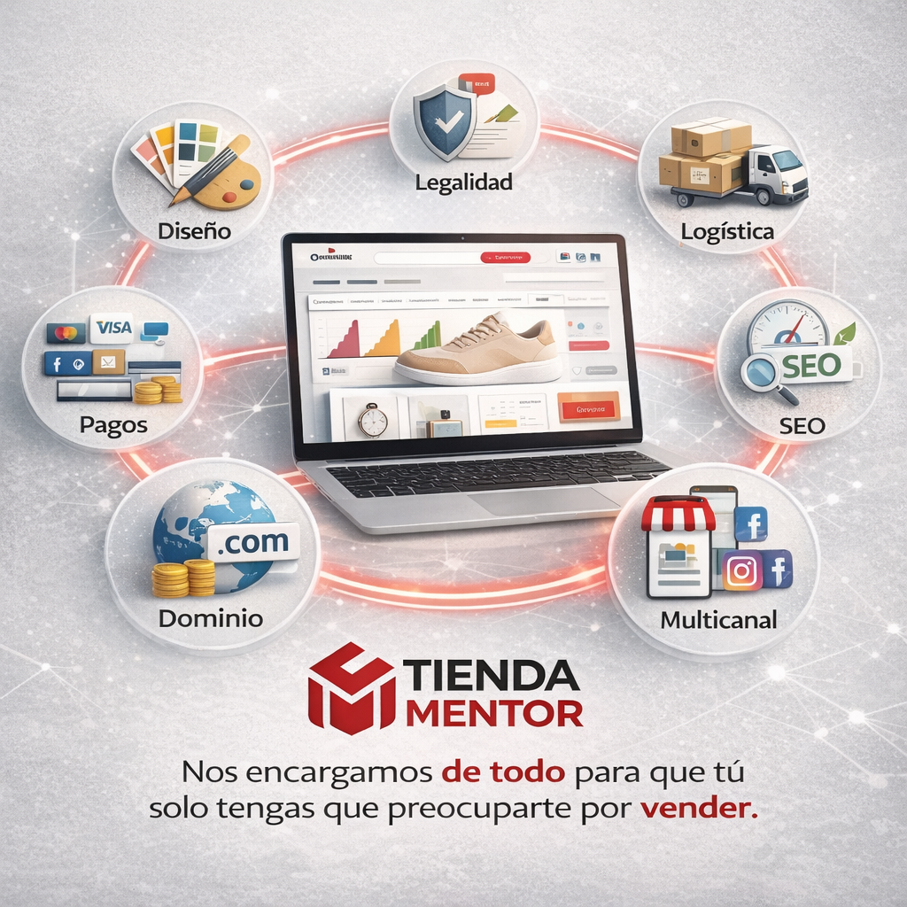 Imagen de una computadora portátil con una tienda en línea en la pantalla y varios íconos que representan servicios como diseño, legalidad, logística, SEO, multicanal, dominio, pagos, y tienda mentor. Texto promocional en español que dice: 'Nos encargamos de todo para que tú solo tengas que preocuparte por vender'.