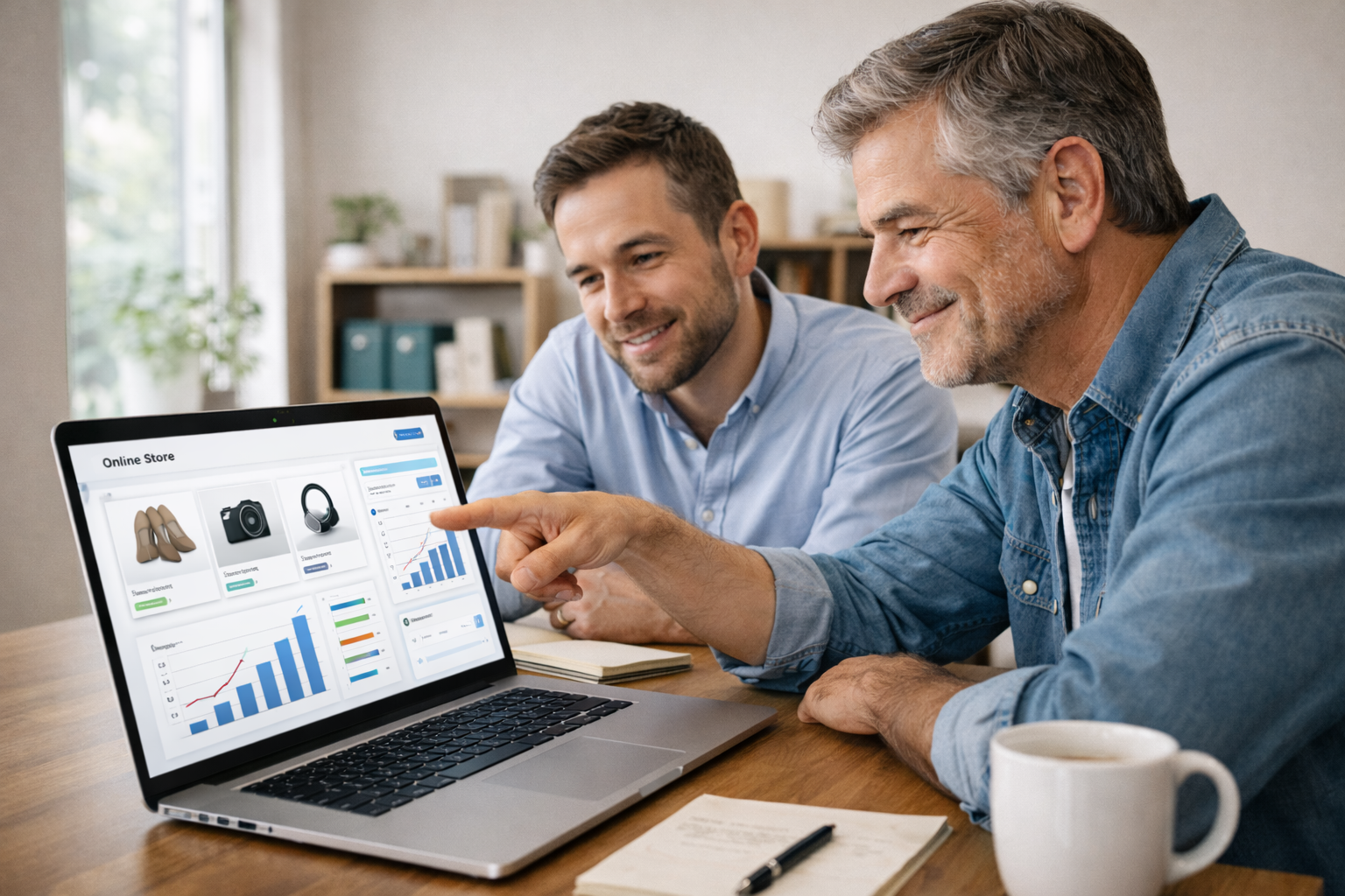 Dos hombres revisando gráficos y productos en una tienda en línea en una laptop en una oficina