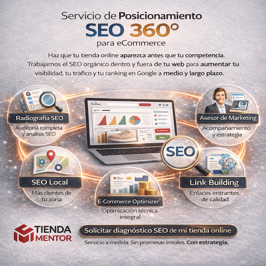 Infografía que describe servicios de posicionamiento SEO 360° para comercio electrónico, incluyendo radiografía SEO, asesor de marketing, SEO local, link building y optimizador de e-commerce, con texto en español y logotipo de Tienda Mentor para solicitar diagnóstico SEO.