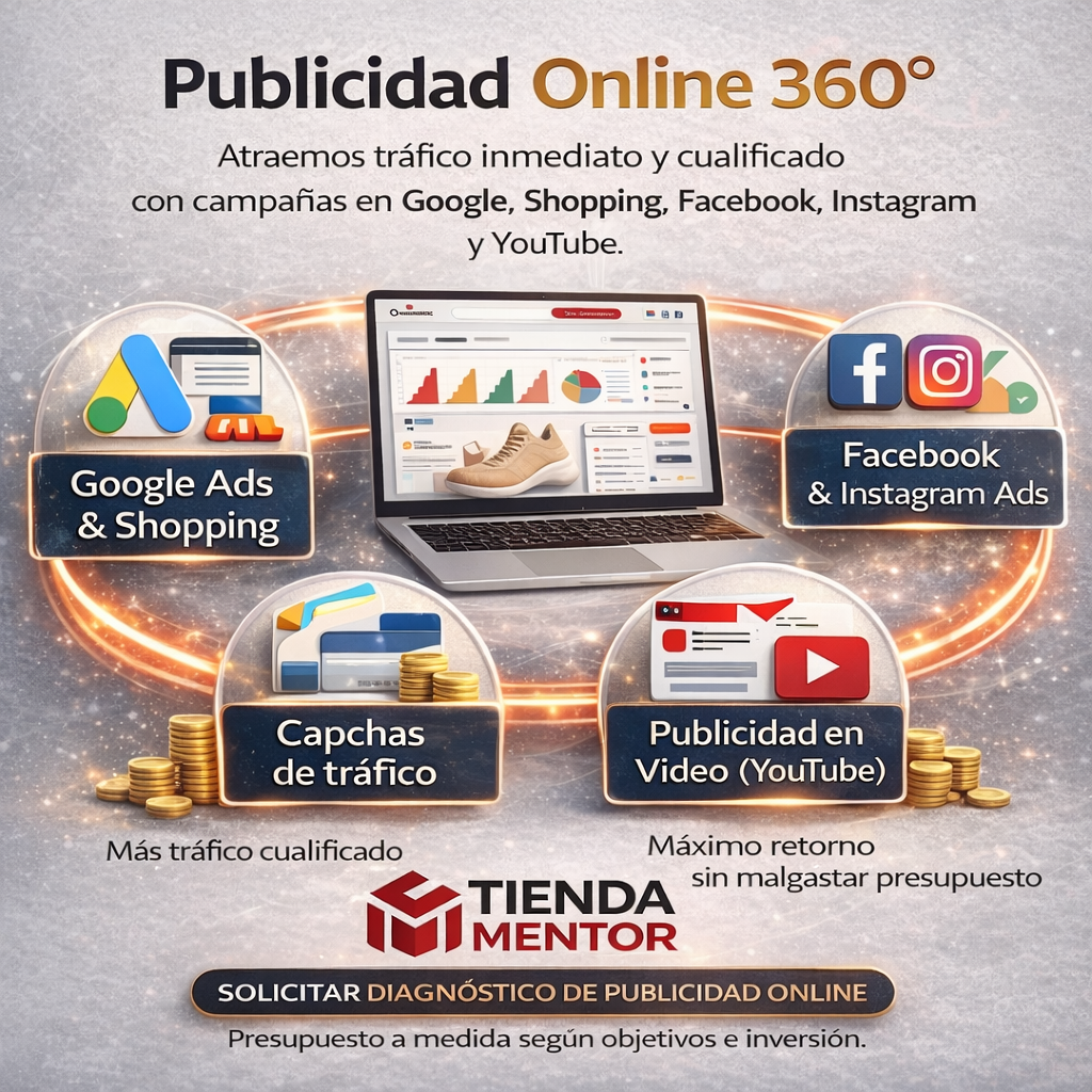Anuncio de publicidad online en 360 grados con gráficos, logotipos y monedas, promoviendo campañas en Google, Facebook, Instagram y YouTube para atraer tráfico calificado y maximizar retorno sin gastar mucho presupuesto.