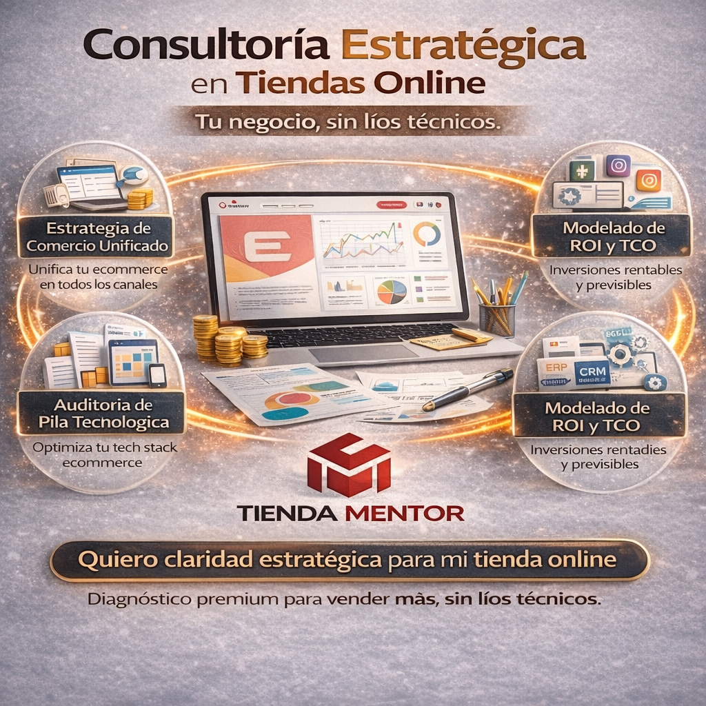 Cartel publicitario de Tenda Mentors ofreciendo consultoría estratégica en tiendas online. Incluye secciones de estrategia de comercio unificado, auditoría de pila tecnológica, modelado de ROI y TCO, y un mensaje final sobre claridad estratégica sin profesionales técnicos.