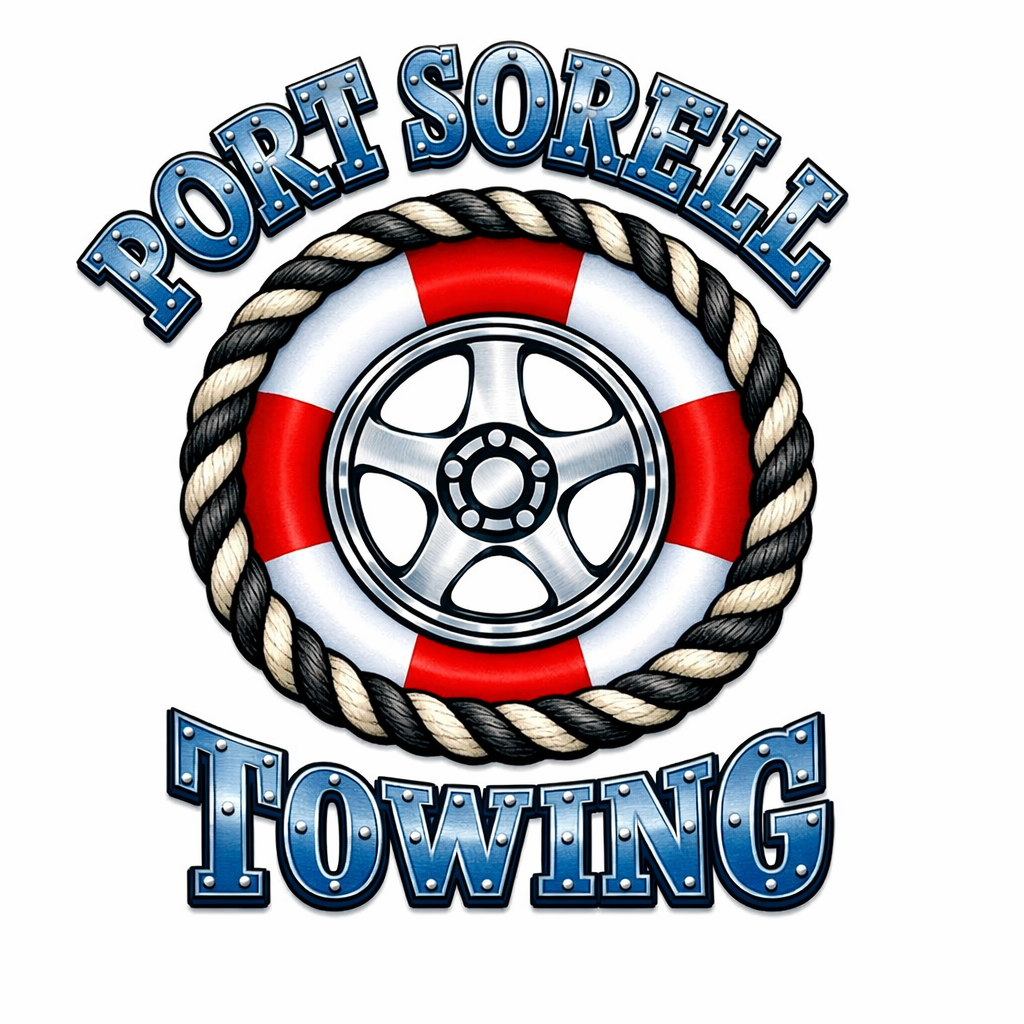 Logo for Port Sorelle Towing featuring a lifebuoy with a tire in the center, surrounded by a rope, and the company name in blue letters.