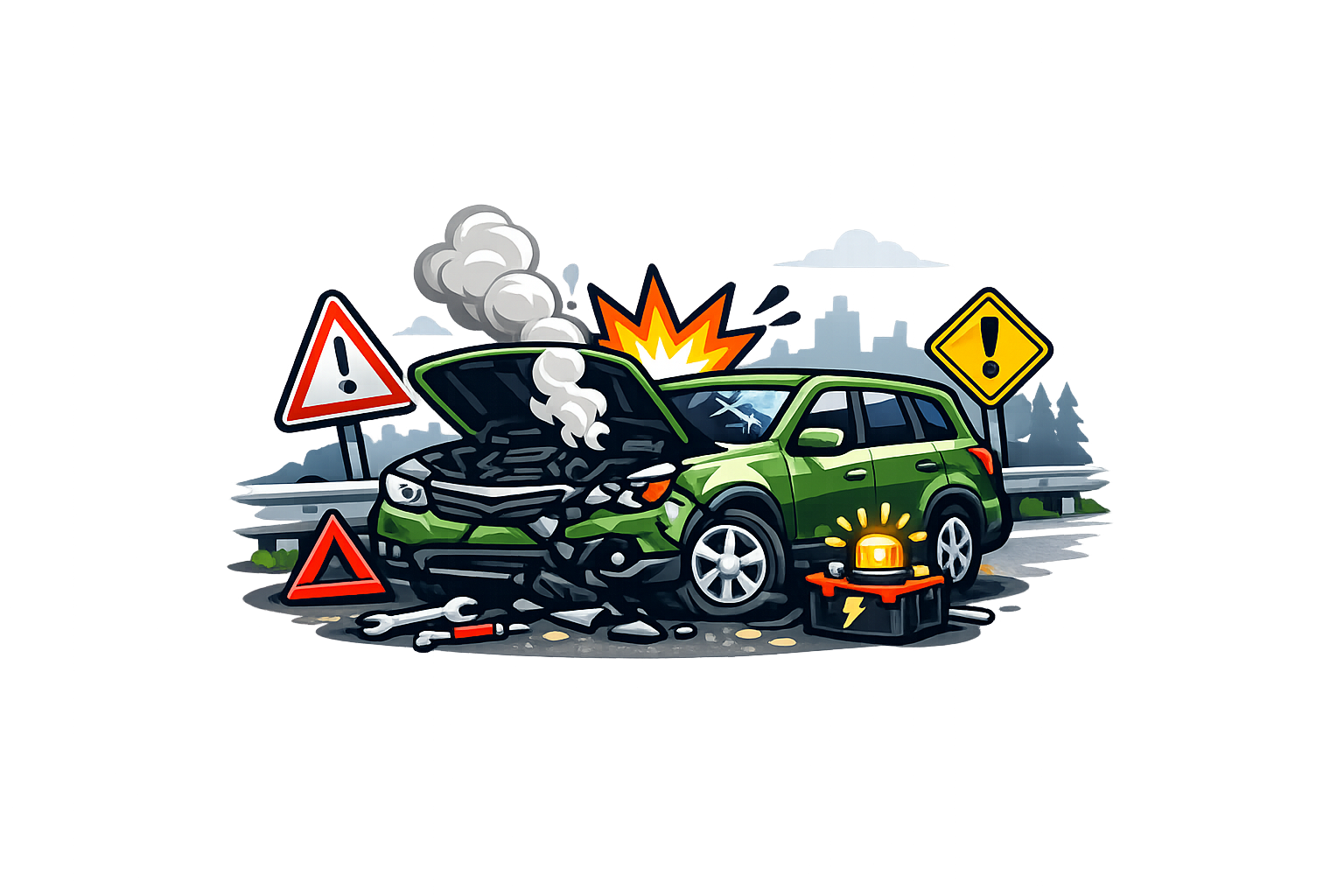 Cartoon illustration of a car accident with a green car that has a damaged front hood emitting smoke, surrounded by caution and warning signs, tools, and an explosion in the background.