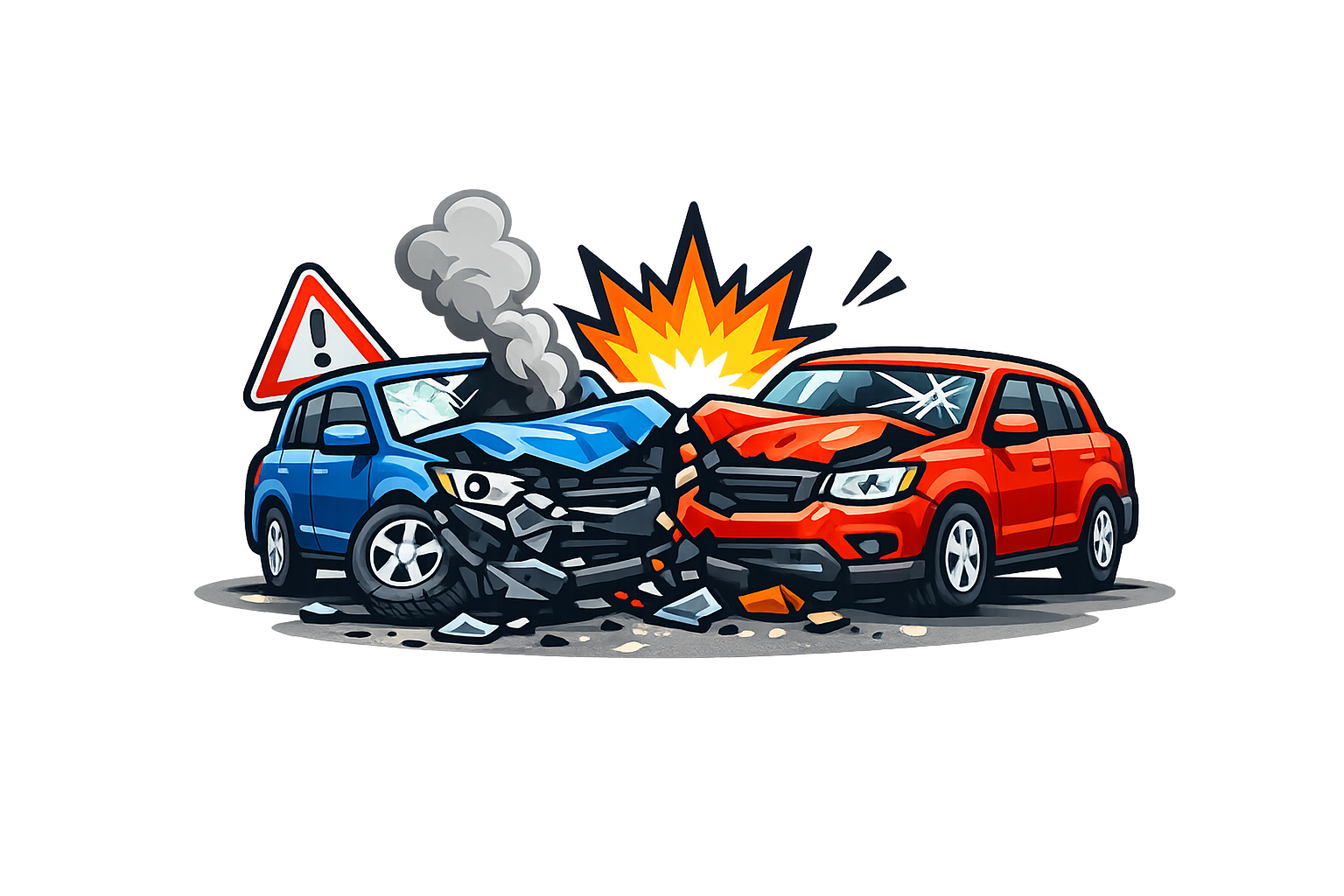 Cartoon-style illustration of a car accident with a blue car and a red car colliding, resulting in a fiery explosion, broken glass, and smoke, with warning signs in the background.